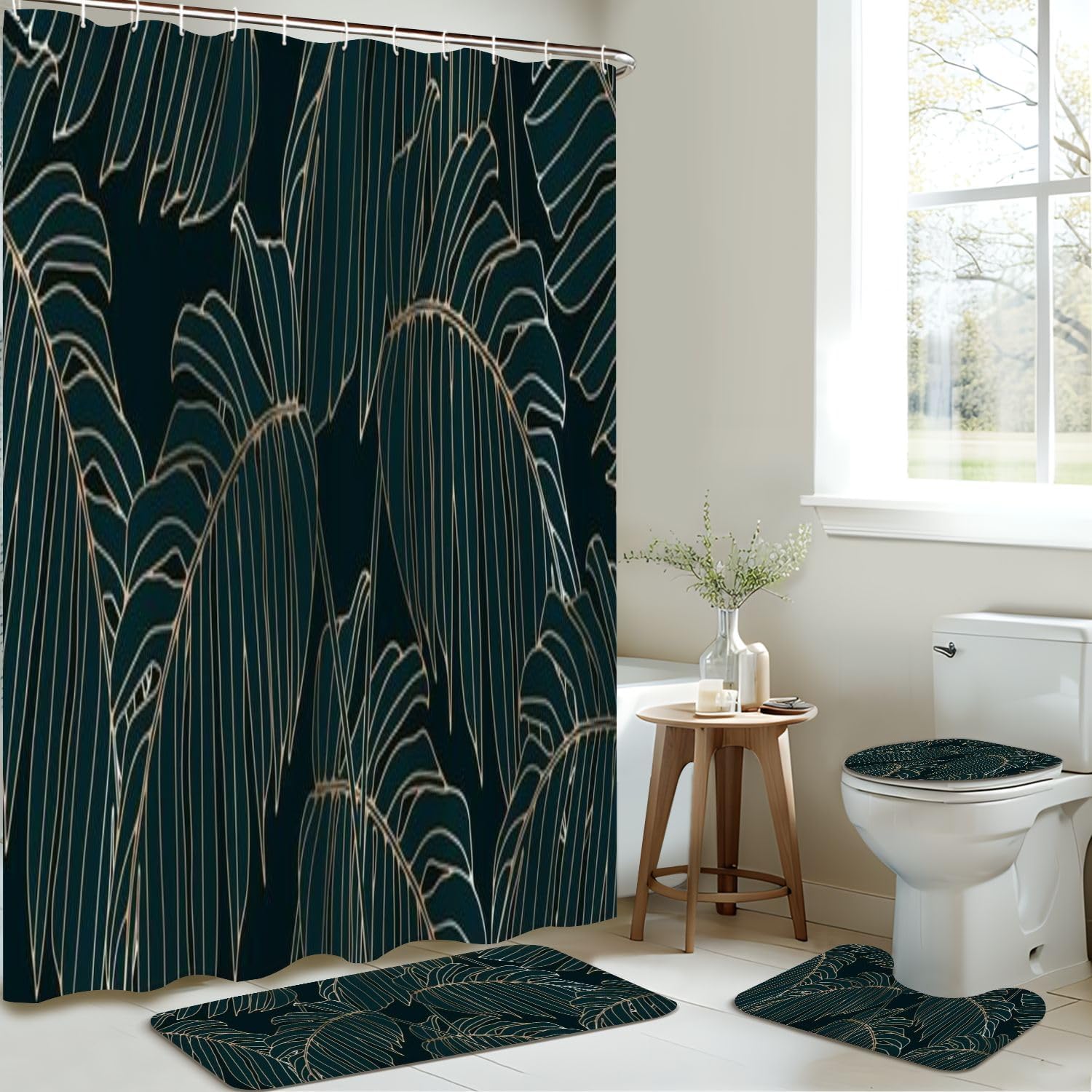 JCOOKLOFTS 4 Piece Shower Curtain Set with Rugs and Accessories