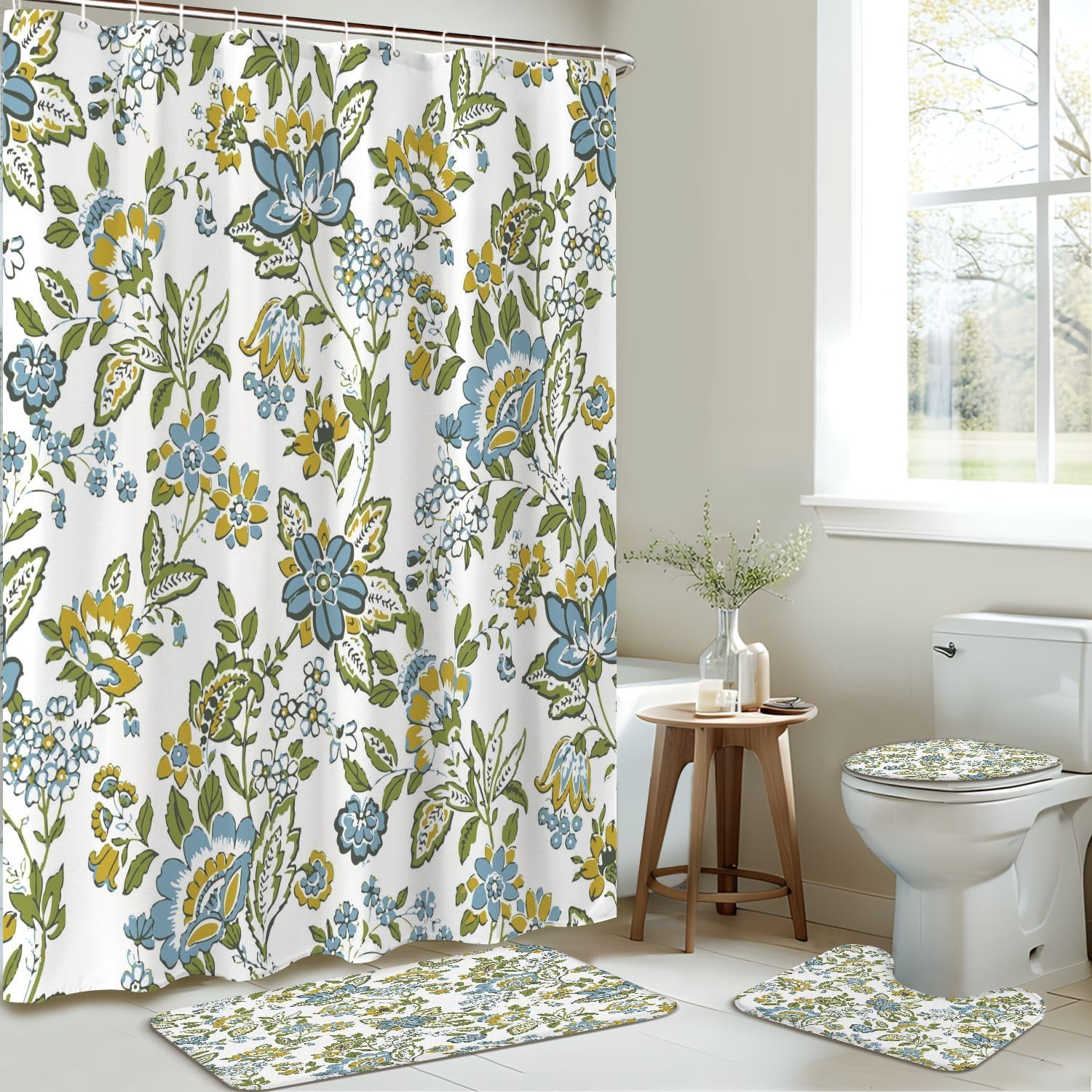 4 Piece Shower Curtain Set with Rugs and Toilet Lid Cover