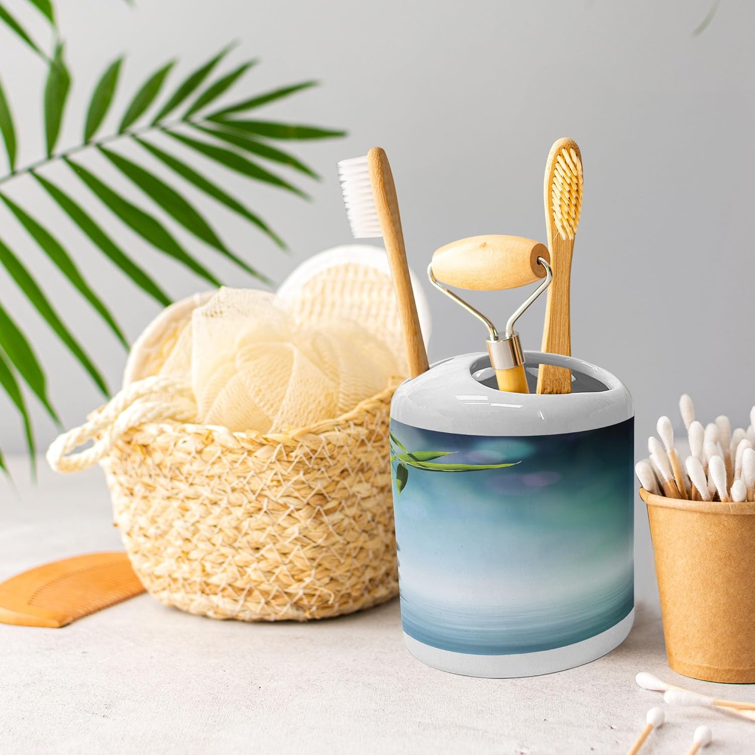 Ambesonne Ceramic Spa Soap Dispenser Toothbrush Holder Set 2 Pcs