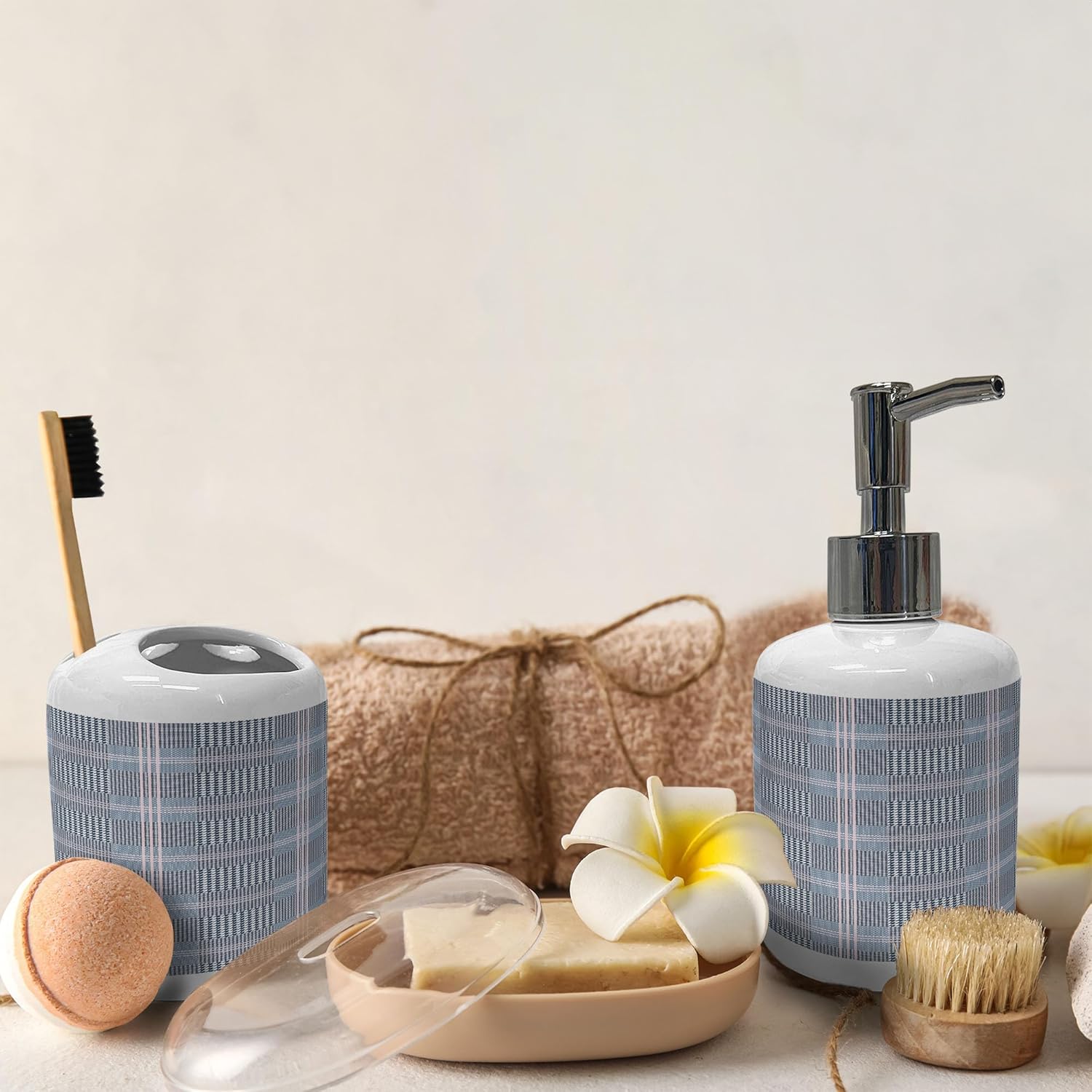 Ambesonne Plaid Soap Dispenser Toothbrush Holder Set 2 Pcs Charcoal Grey White Rose