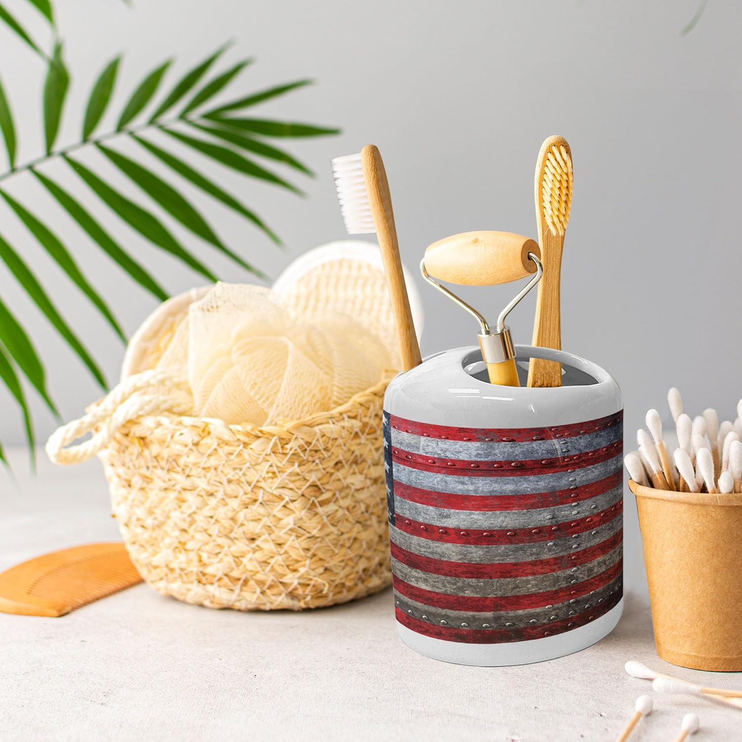 Ambesonne 2 Pc American Flag Soap Toothbrush Holder Set