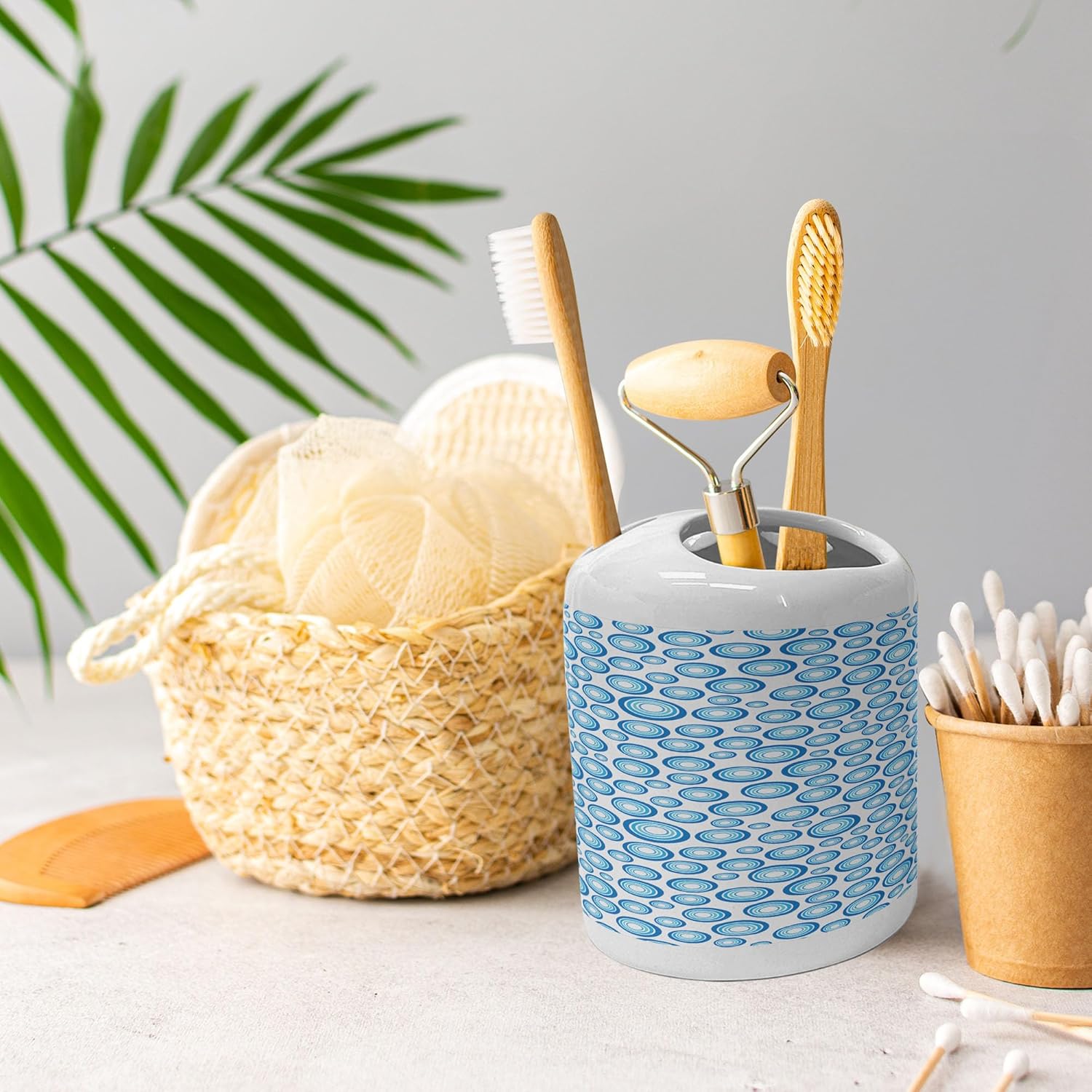 Ambesonne Geometric Soap Toothbrush Holder Set Retro Blue Ceramic 2 Pcs