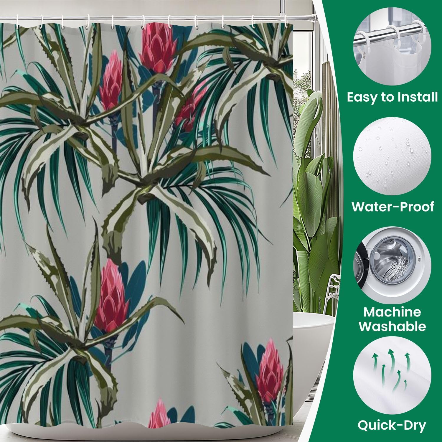 JCOOKLOFTS 4-Piece Shower Curtain Set with Floral Pattern