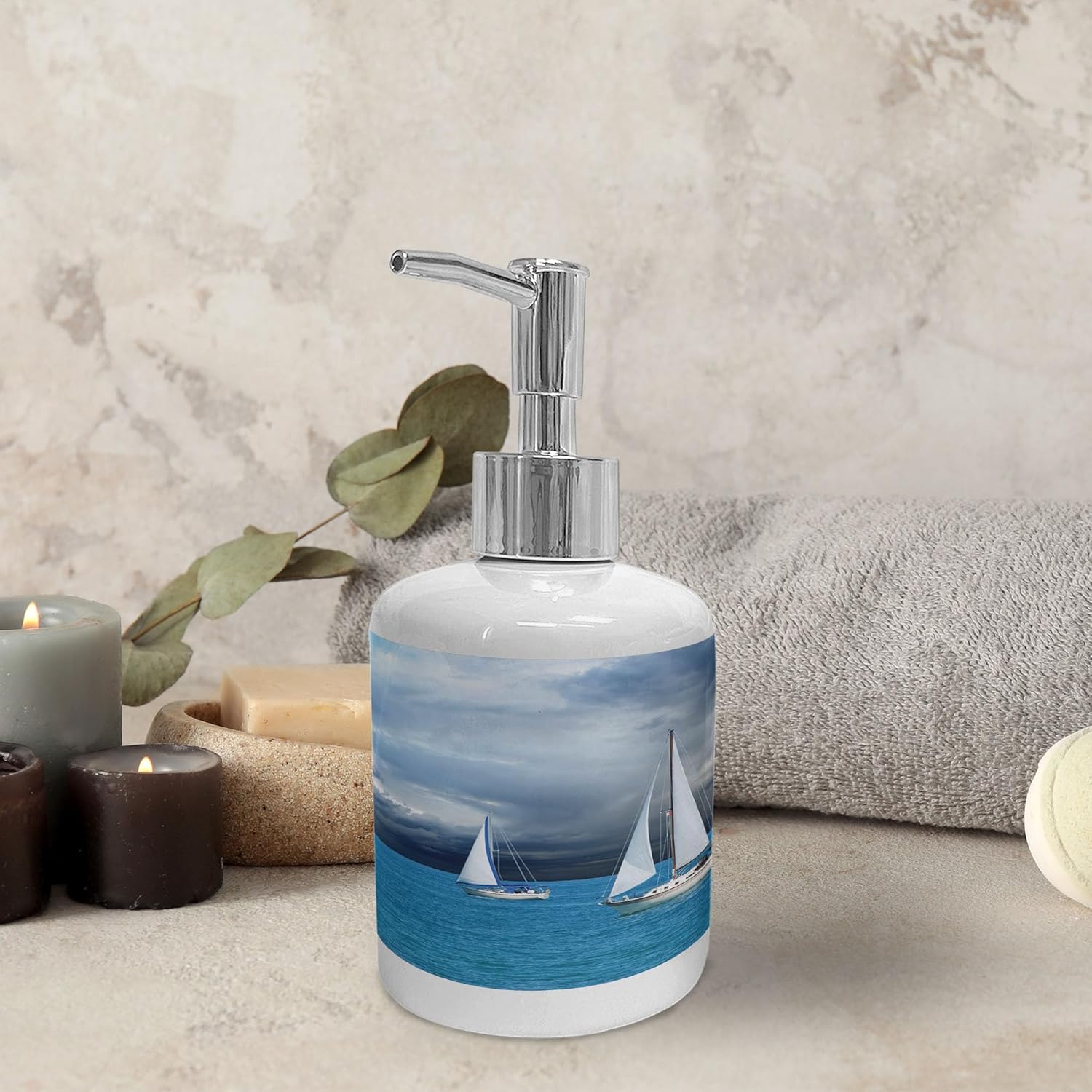 Ambesonne Ceramic Soap Toothbrush Holder Set Blue Grey Blue White