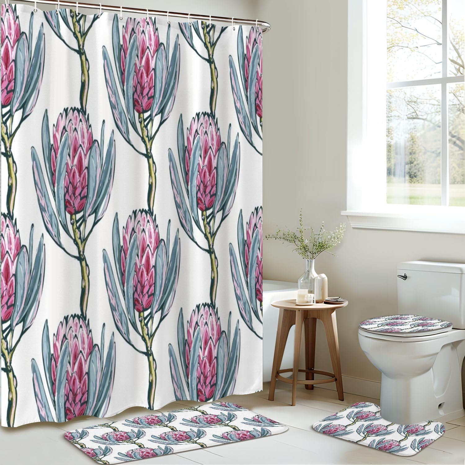 4 Piece Shower Curtain Set with Rugs and Accessories 1