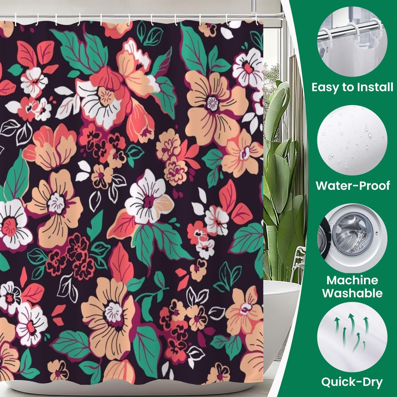 4 Piece Shower Curtain Set with Rugs Mats and Floral Pattern