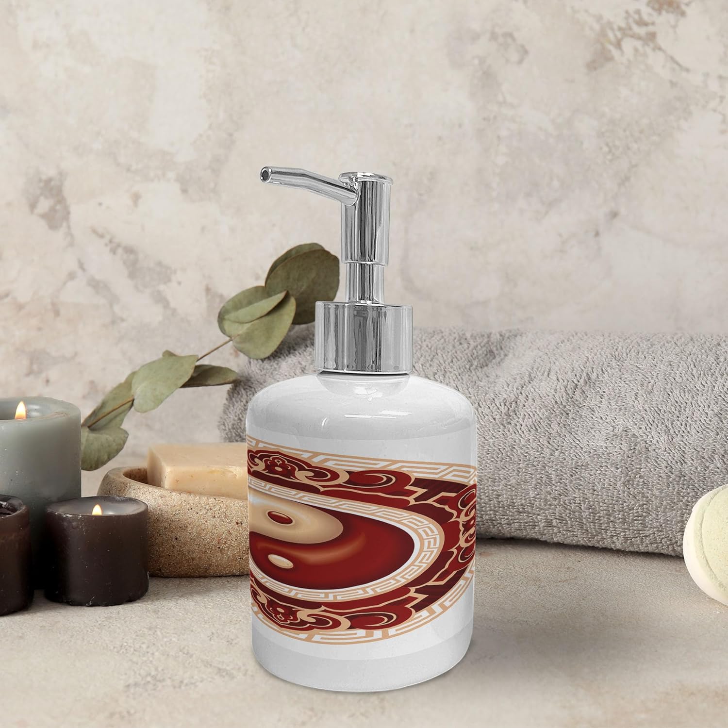 Ambesonne Ying Yang Soap Toothbrush Holder Set 2 Pcs Maroon Cream White