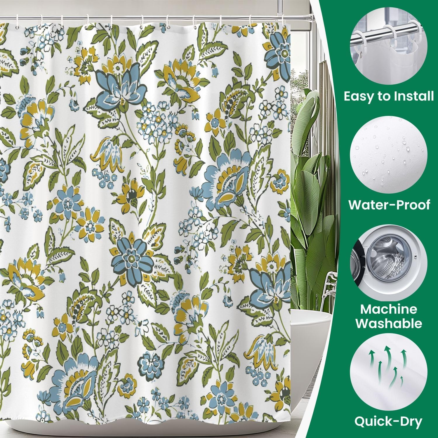 4 Piece Shower Curtain Set with Rugs and Toilet Lid Cover