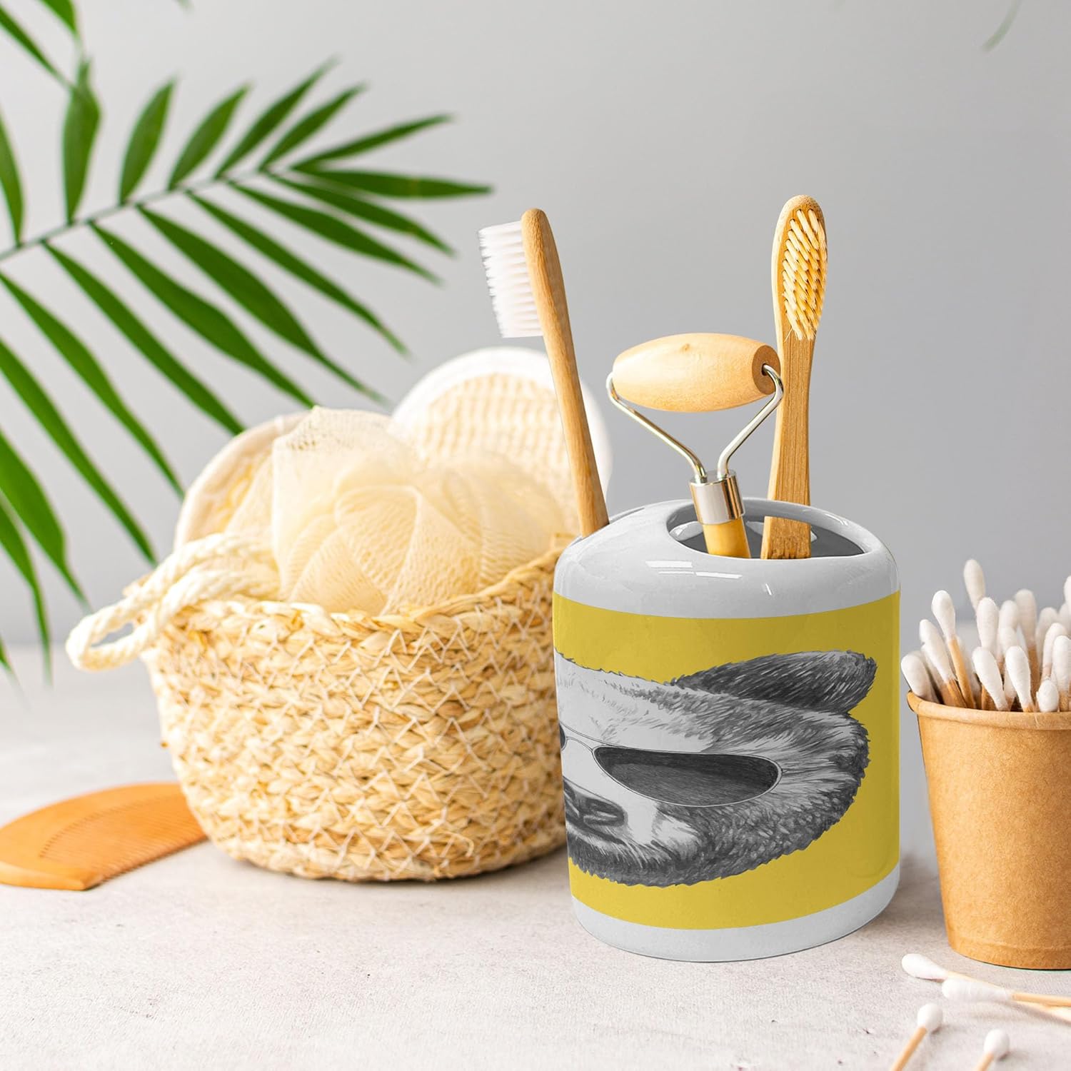 Ambesonne Ceramic Soap Toothbrush Holder Set 2 Pcs Bear Design