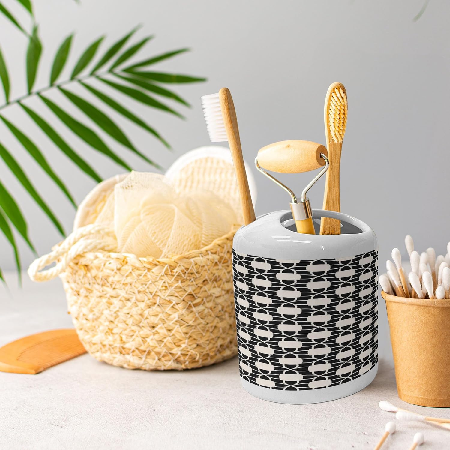 Ambesonne Ceramic Soap Toothbrush Holder Set 2 Pcs Charcoal Grey White