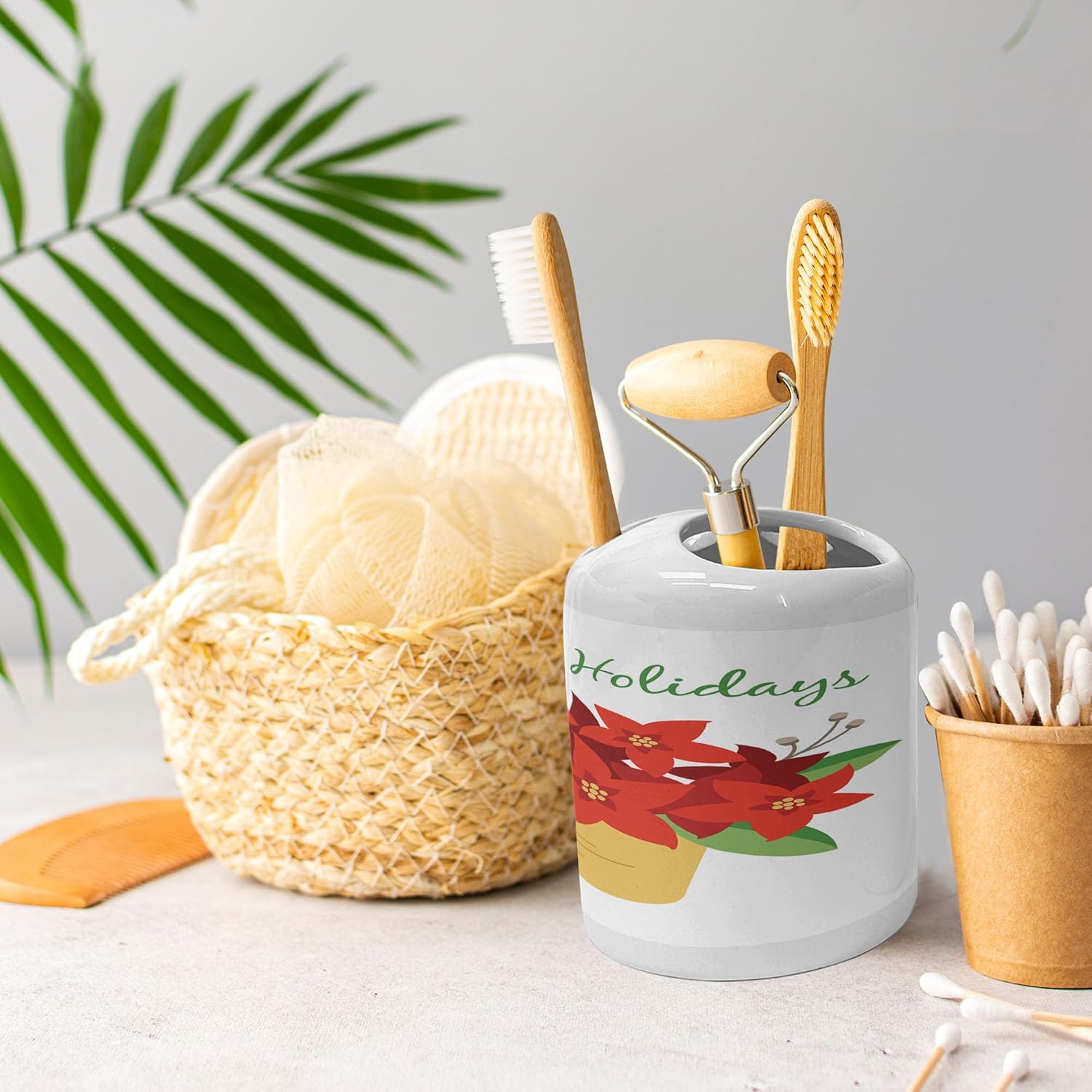 Ambesonne Poinsettia Soap Dispenser Toothbrush Holder Set