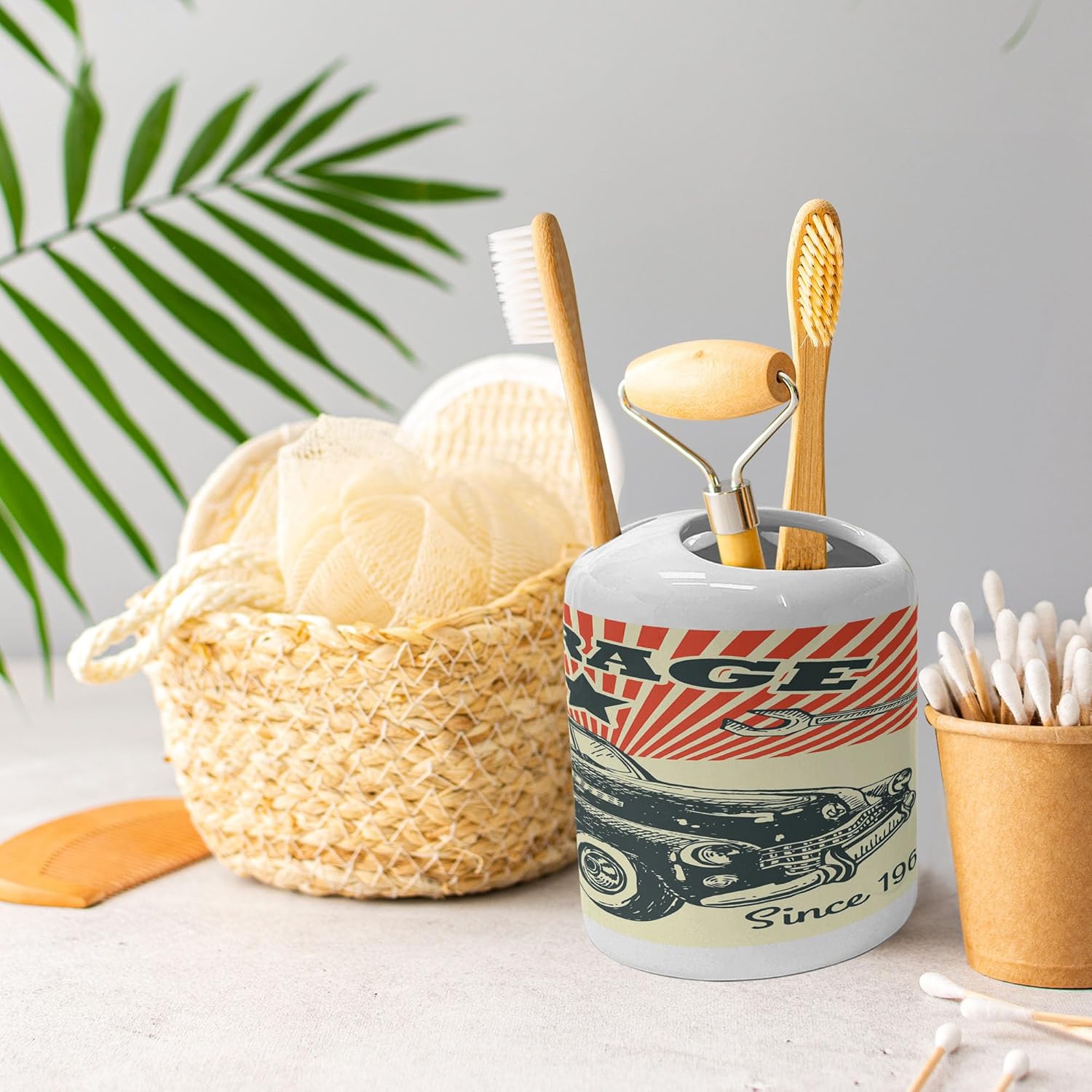 Ambesonne Ceramic Soap Toothbrush Holder Set Retro Advertising Poster Style Emerald Orange