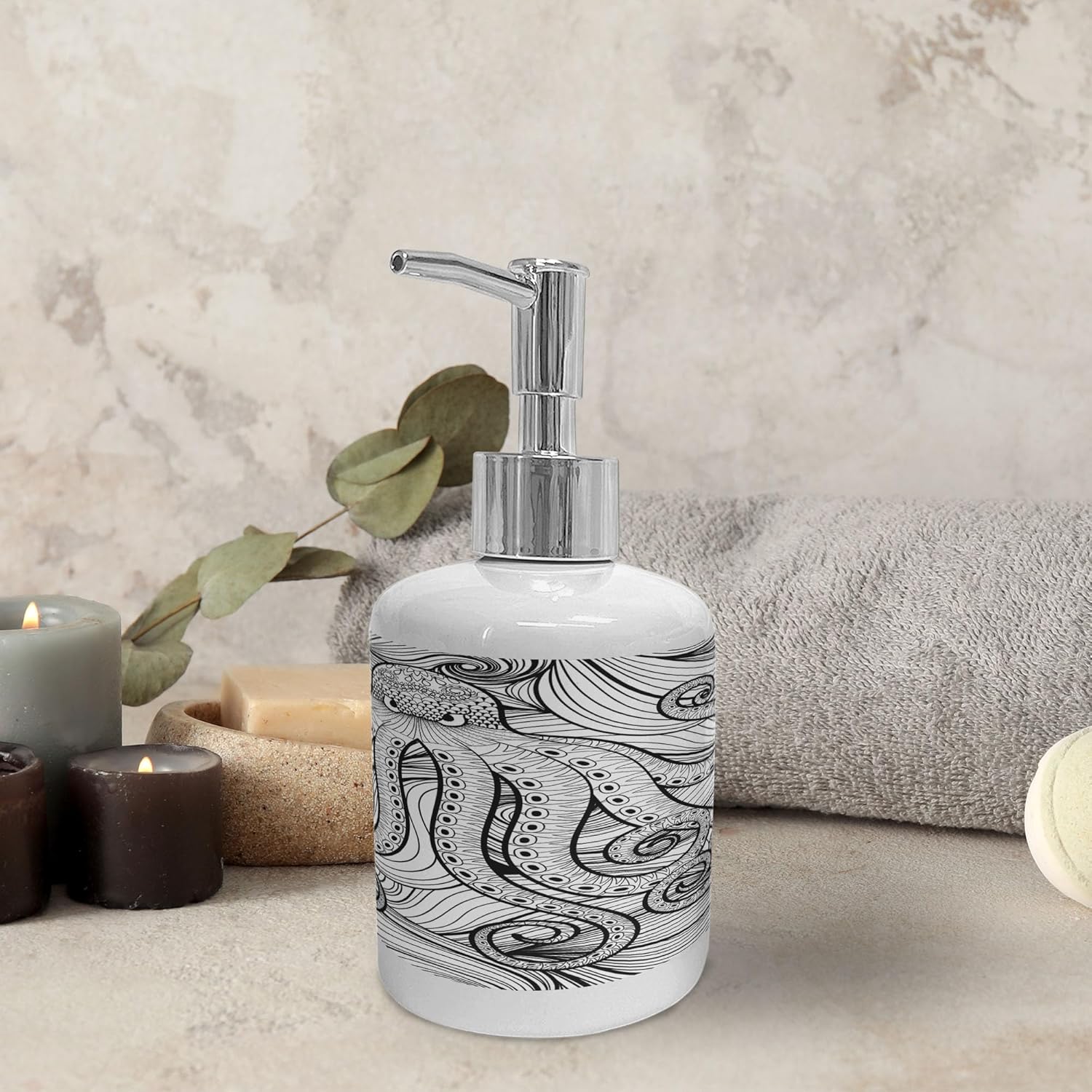 Ambesonne Octopus Soap Dispenser Toothbrush Holder Set Black White 1