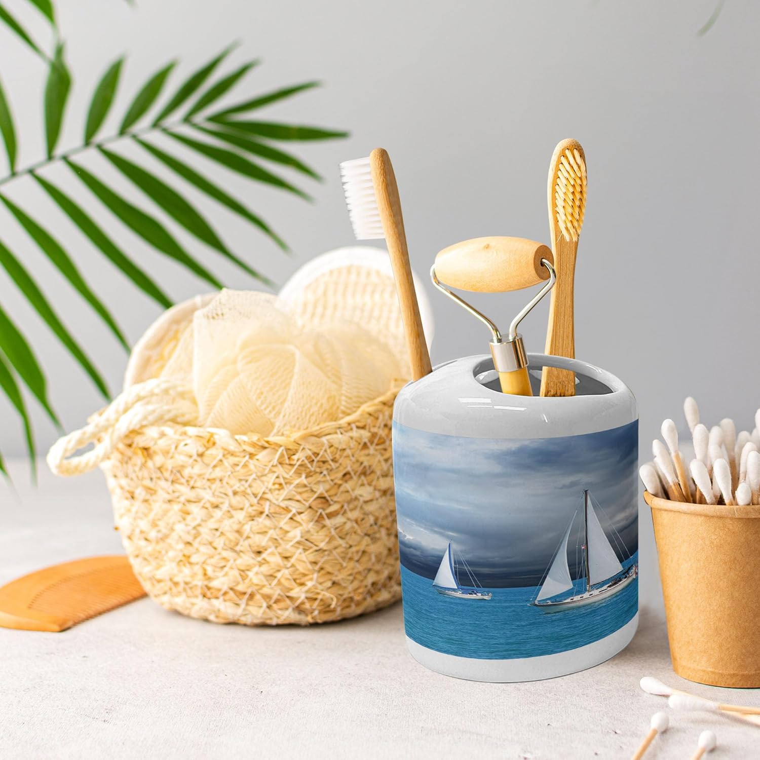 Ambesonne Ceramic Soap Toothbrush Holder Set Blue Grey Blue White