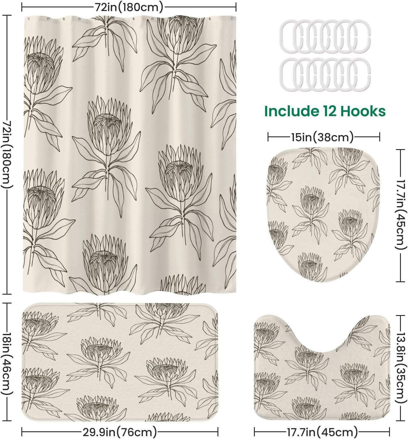 JCOOKLOFTS 4-Piece Shower Curtain Set with Mats