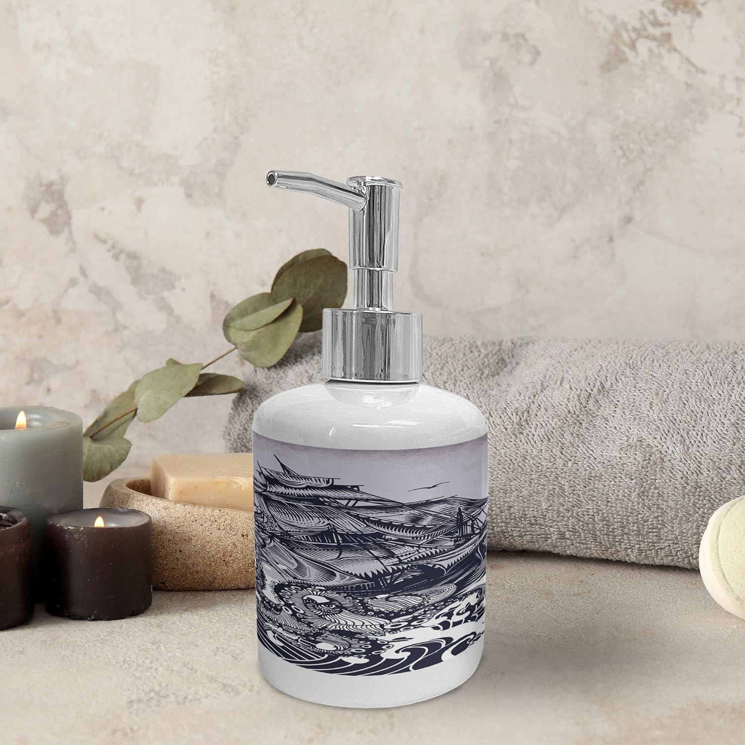 Ambesonne Nautical Soap Dispenser Toothbrush Holder Set Indigo Purple Blue