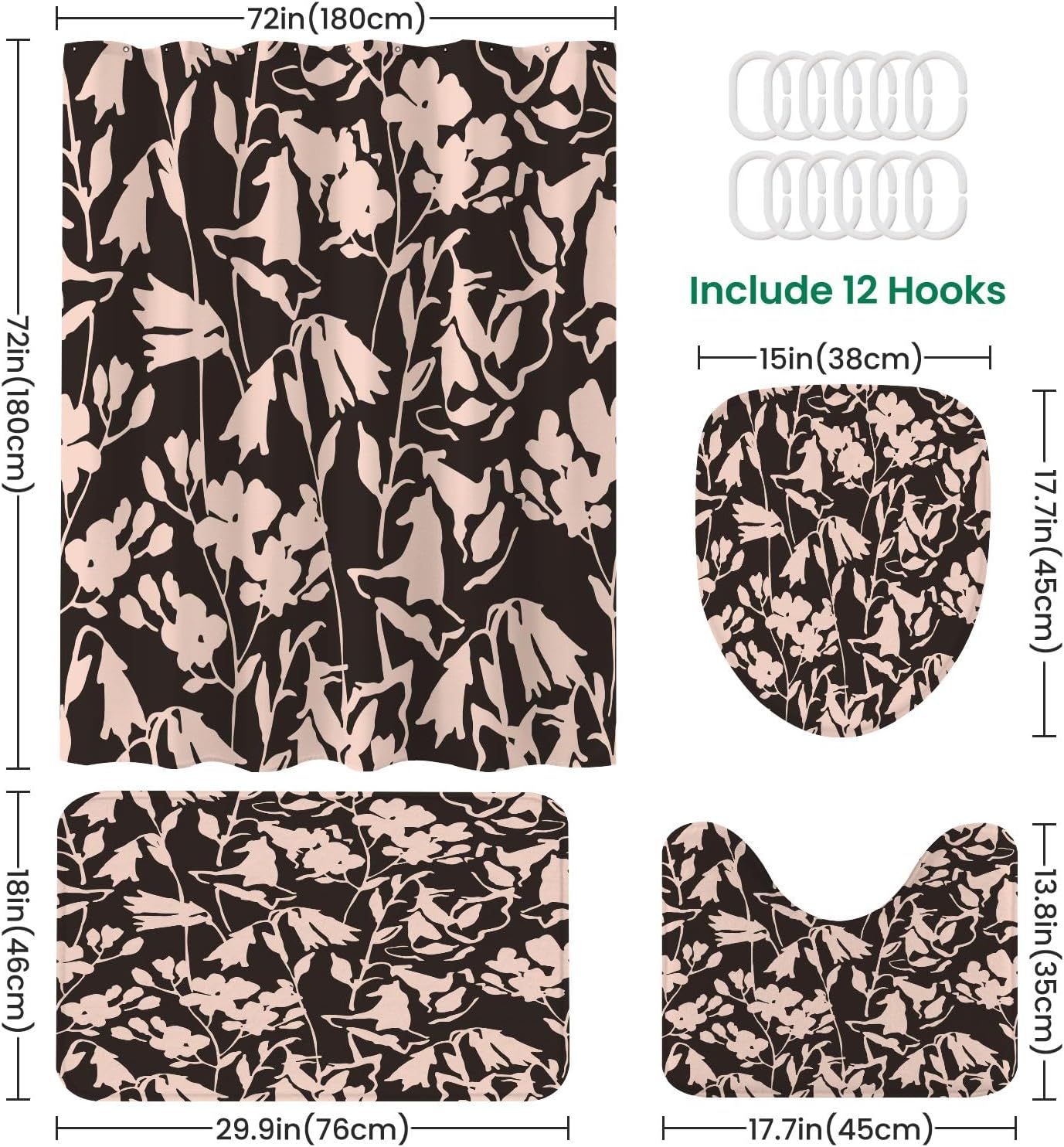 4 Piece Shower Curtain Set with Floral Pattern