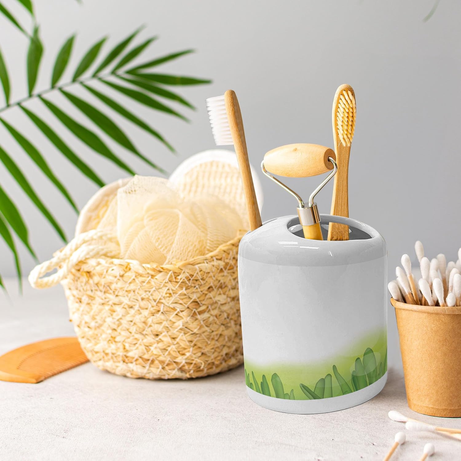 Ambesonne Daffodil Ceramic Soap Dispenser Toothbrush Holder Set