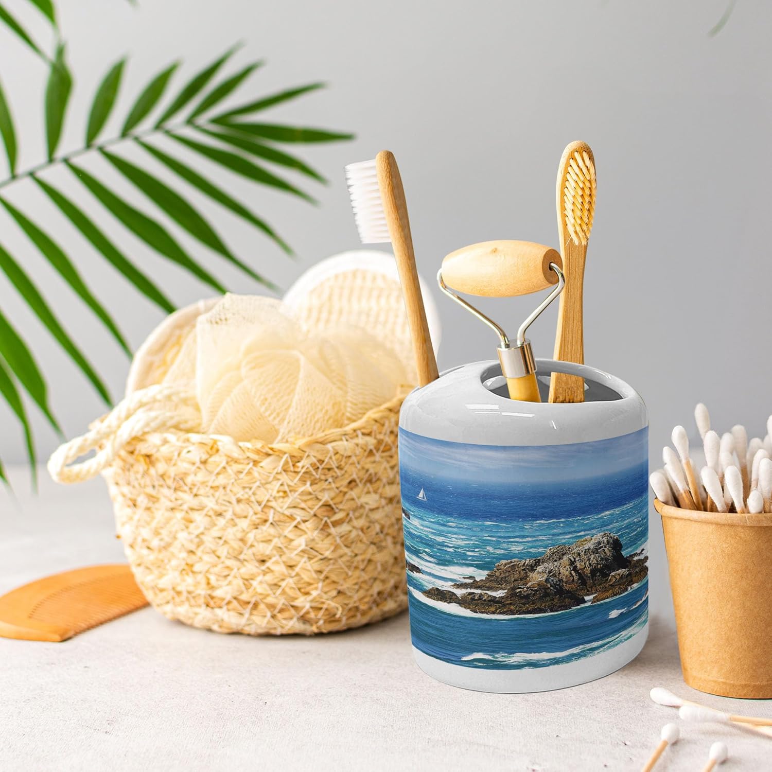 Ambesonne Lighthouse Soap Toothbrush Holder Set Ceramic 2 Pcs Blue Grey White