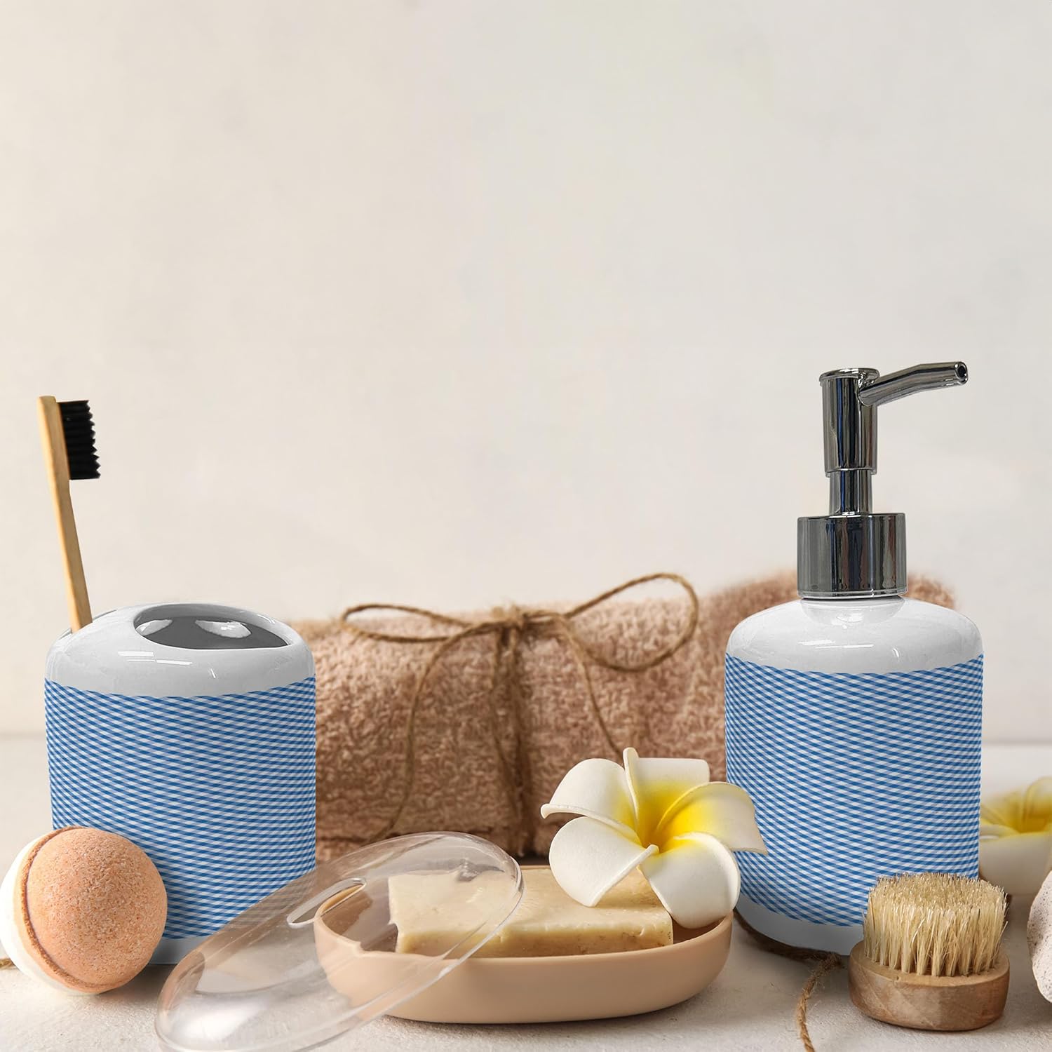 Ambesonne Ceramic Soap Toothbrush Set Night Blue White Checkered Design