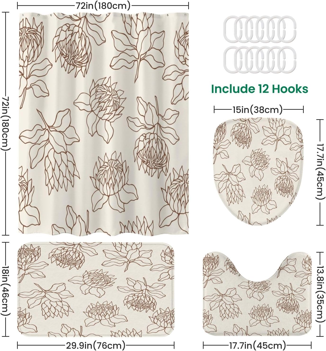 4 Piece Shower Curtain Set with Non-Slip Rugs and Mats