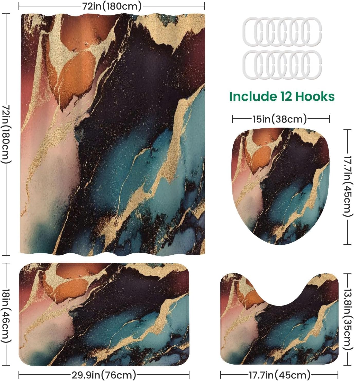 4 Pieces Shower Curtain Set with Non-Slip Mats