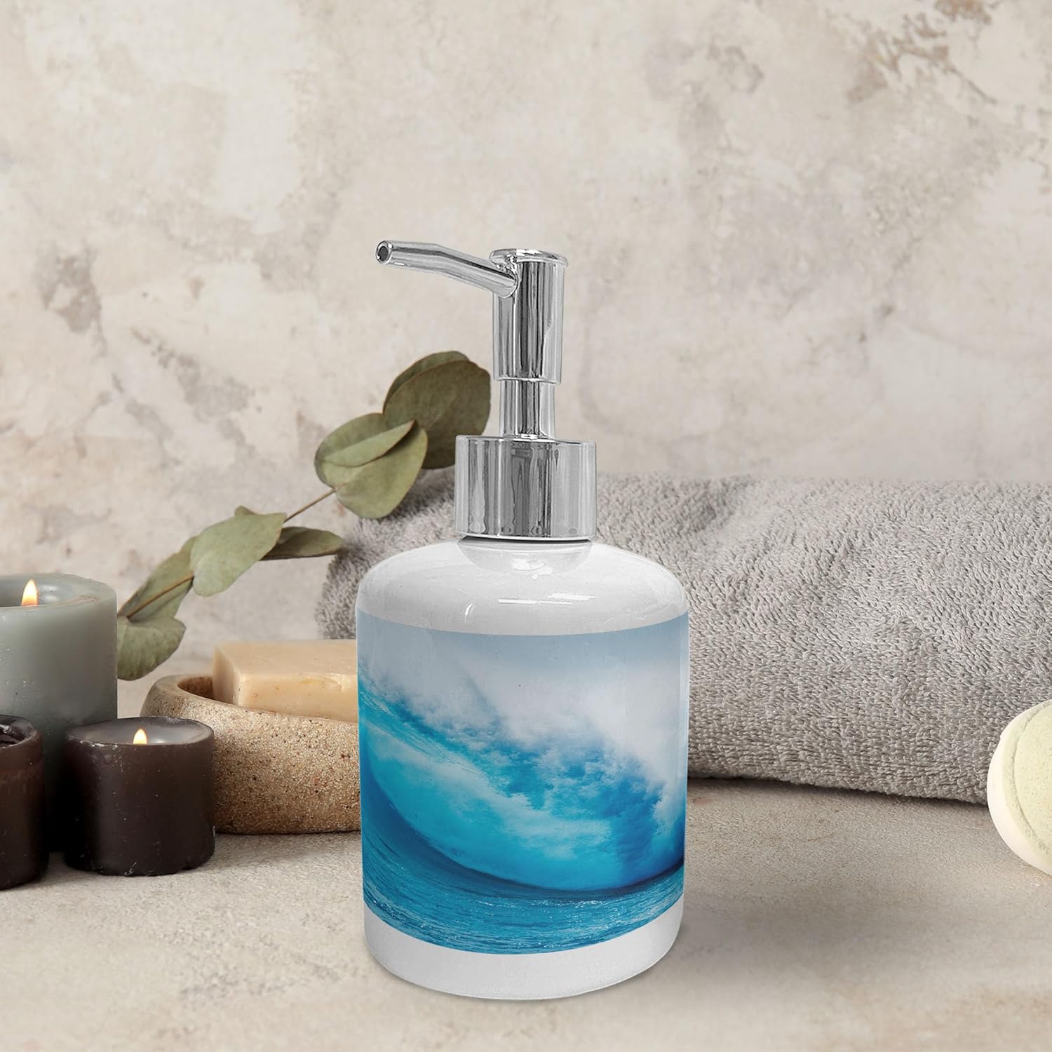 Ambesonne Ocean Soap Dispenser Toothbrush Holder Set 2 Pcs Aqua White