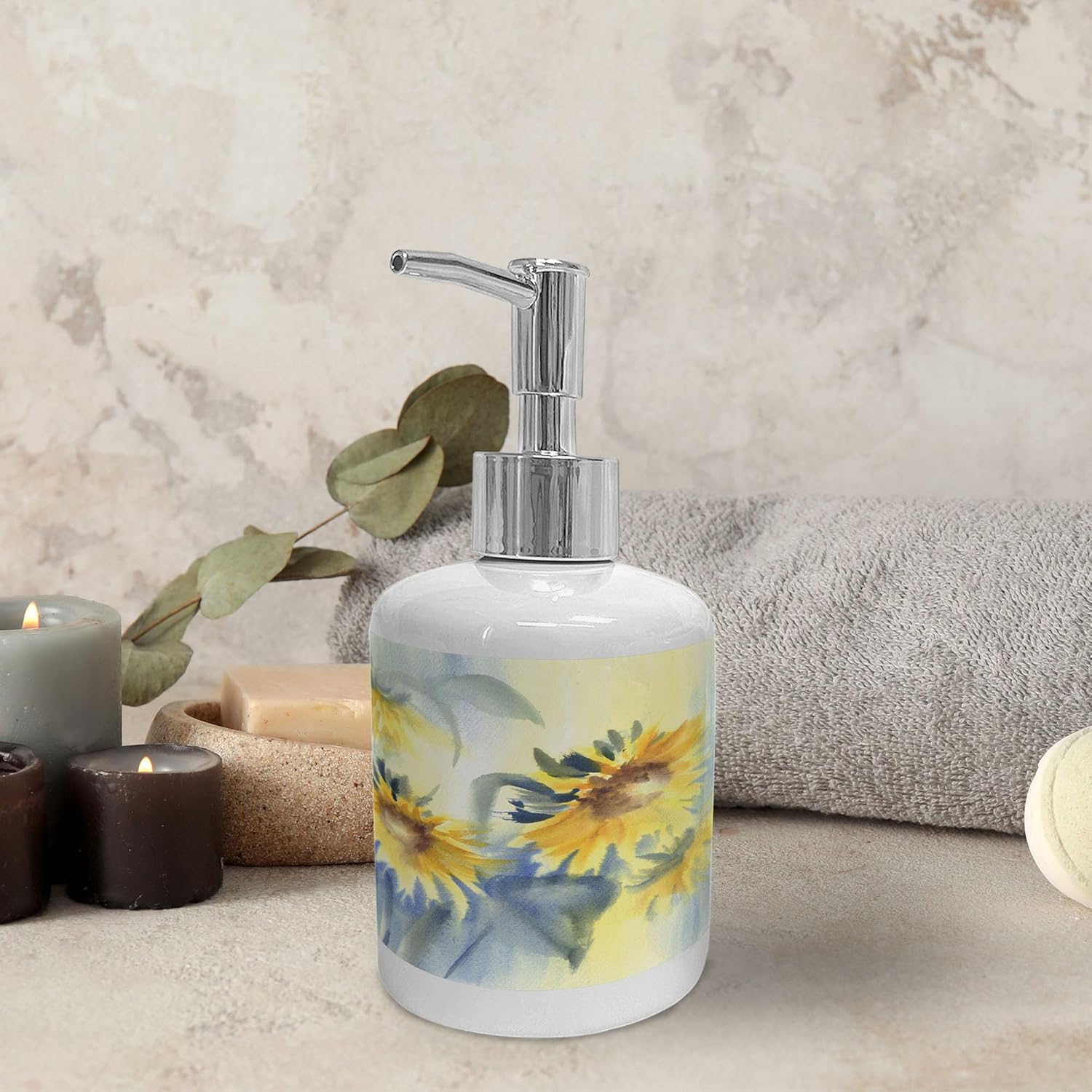 Ambesonne Floral Soap Dispenser and Toothbrush Holder Set Blue Grey Pale Yellow
