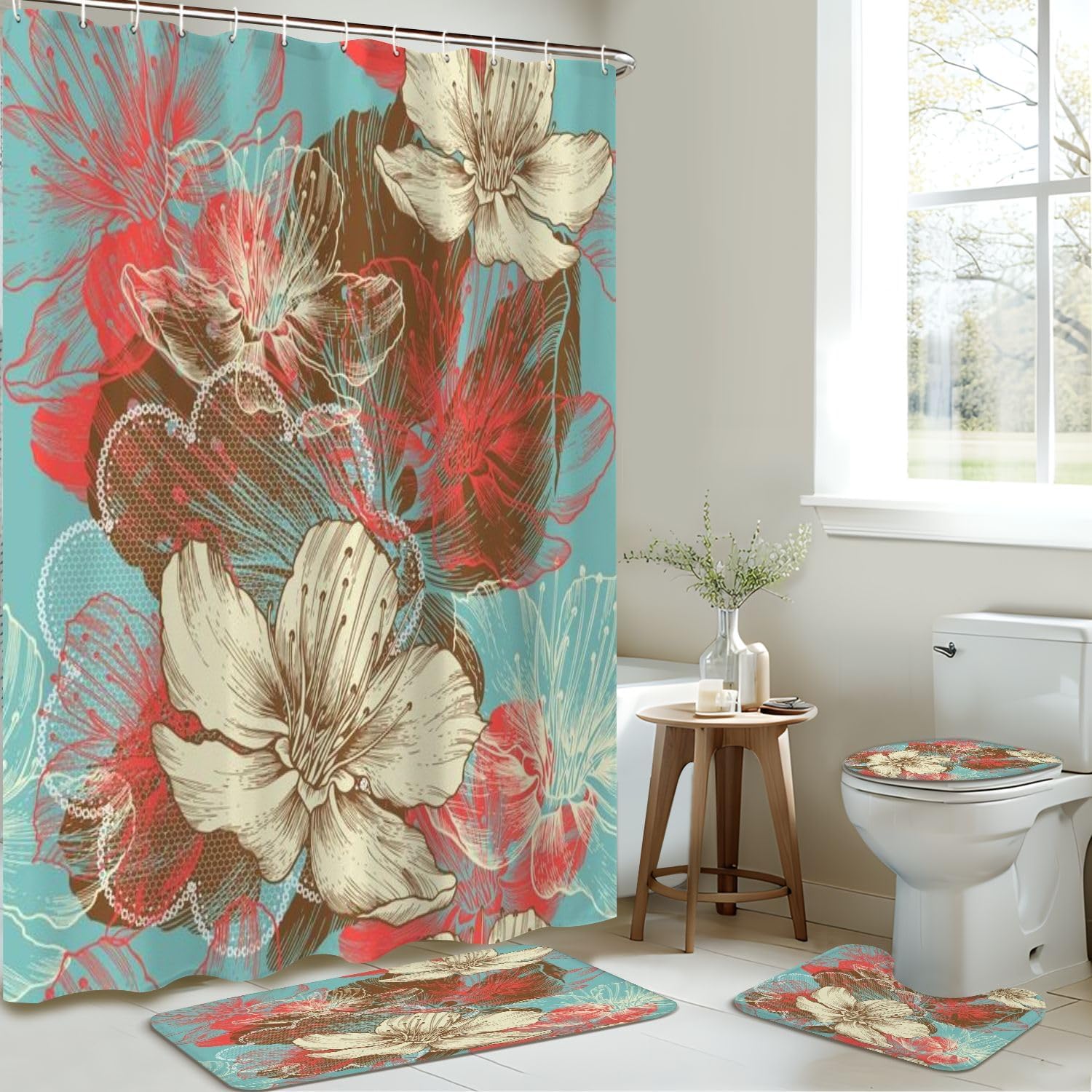 4 Pieces Shower Curtain Set with Non-Slip Rugs