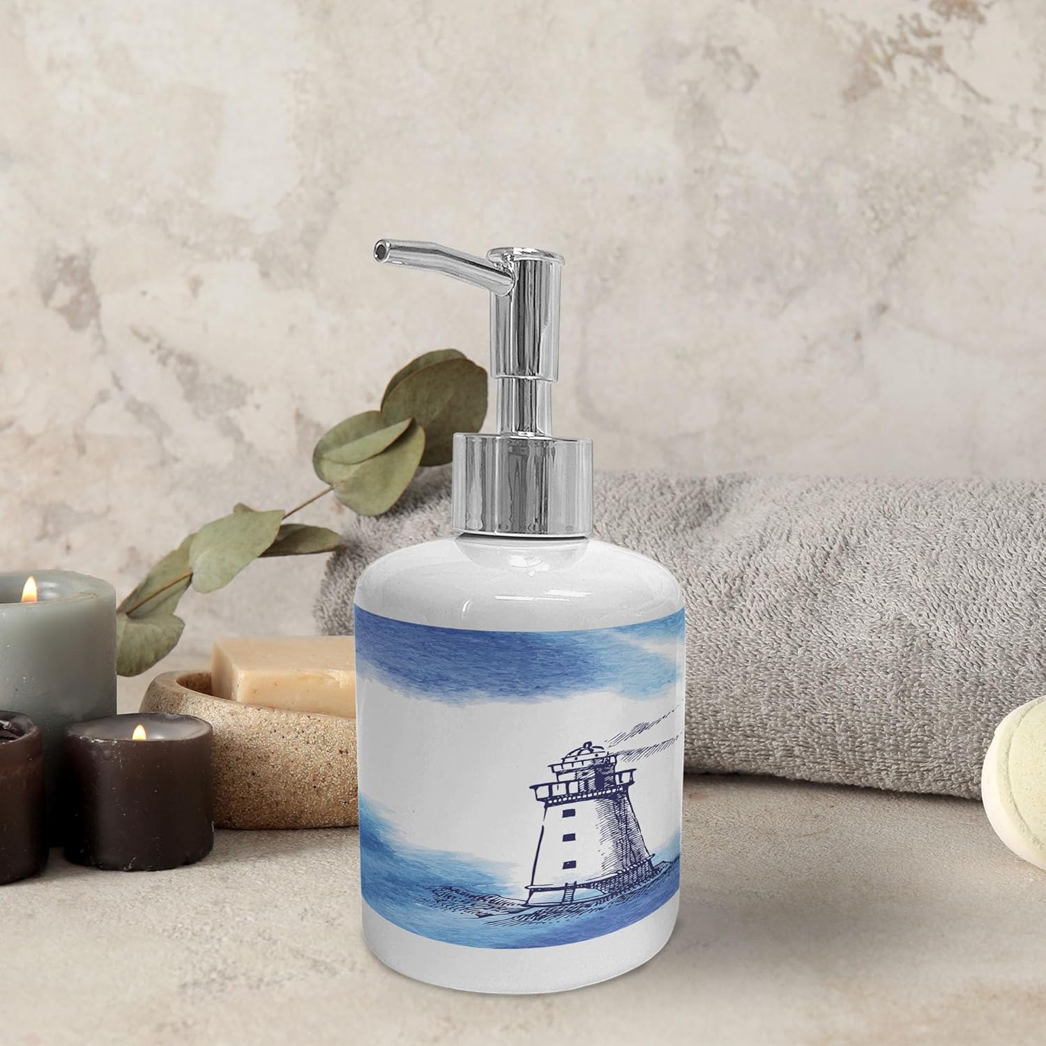 Ambesonne Lighthouse Ceramic Soap Toothbrush Holder Set Blue and White
