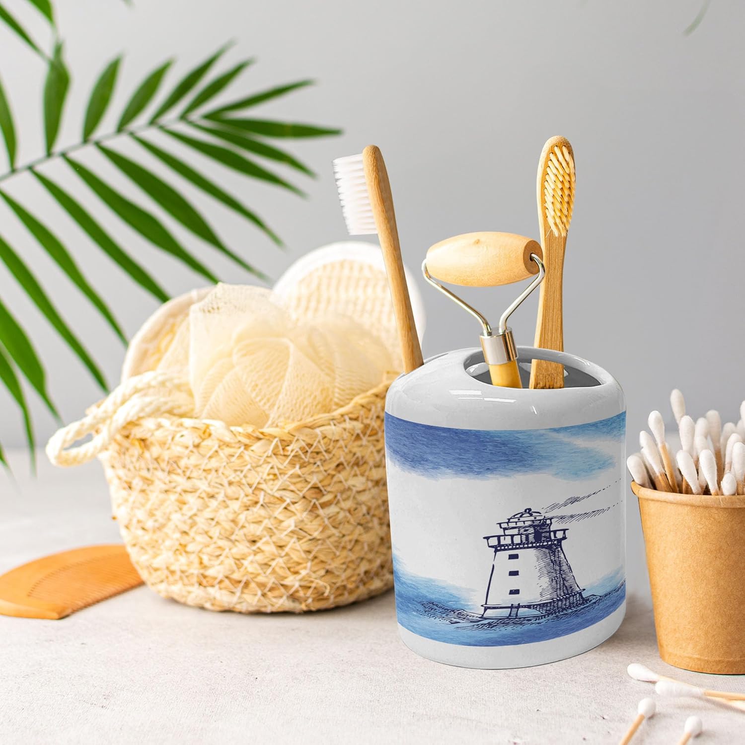 Ambesonne Lighthouse Ceramic Soap Toothbrush Holder Set Blue and White
