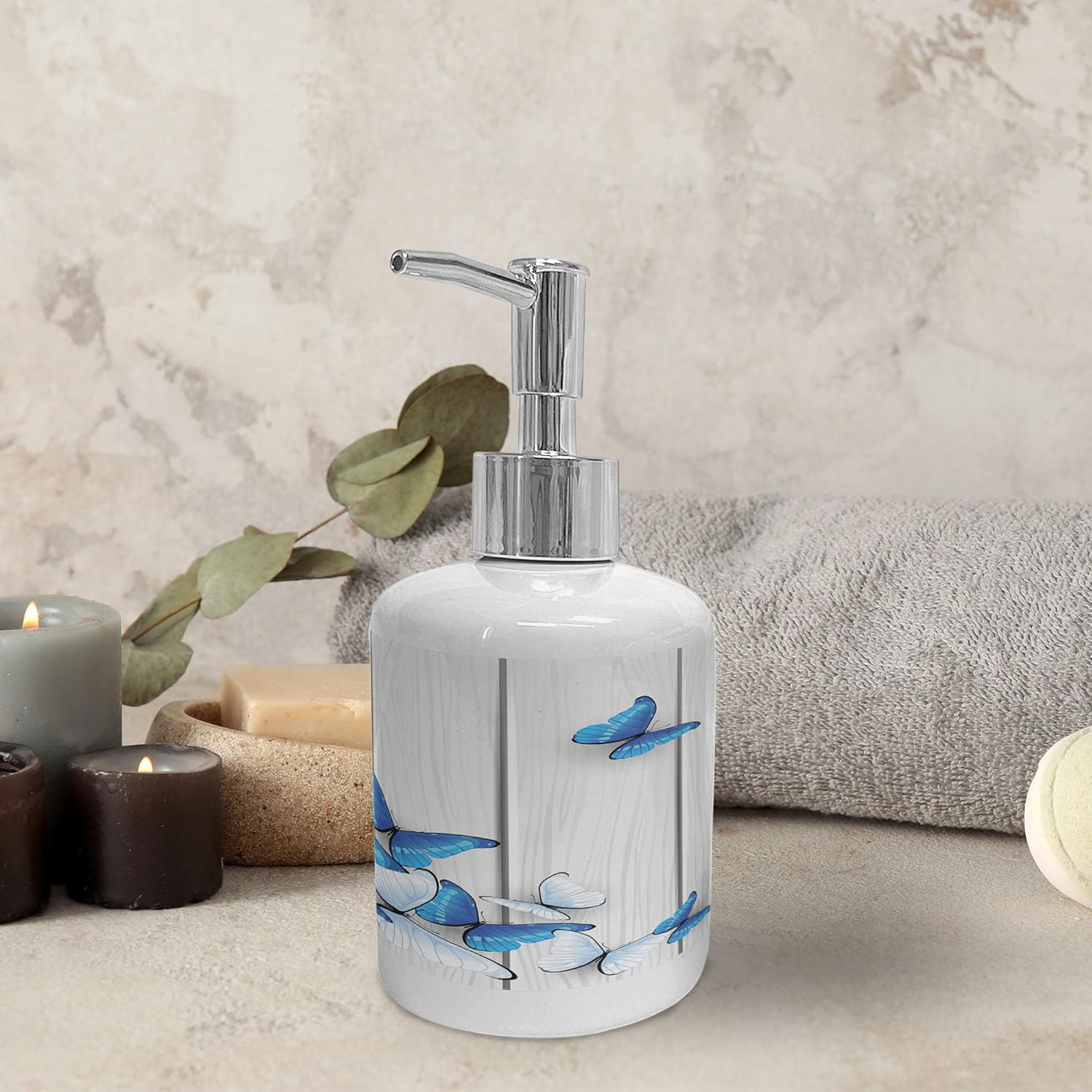 Ambesonne Ceramic Soap Toothbrush Holder Set Blue White Butterflies