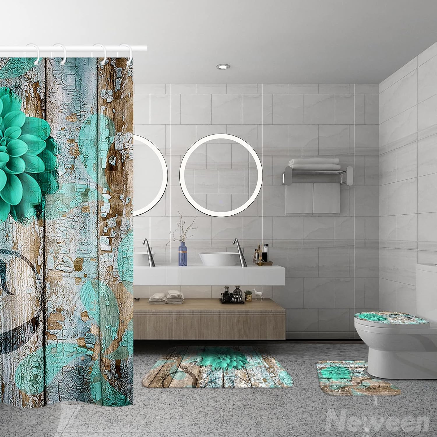 Neween 4 Pcs Green Flower Bathroom Set