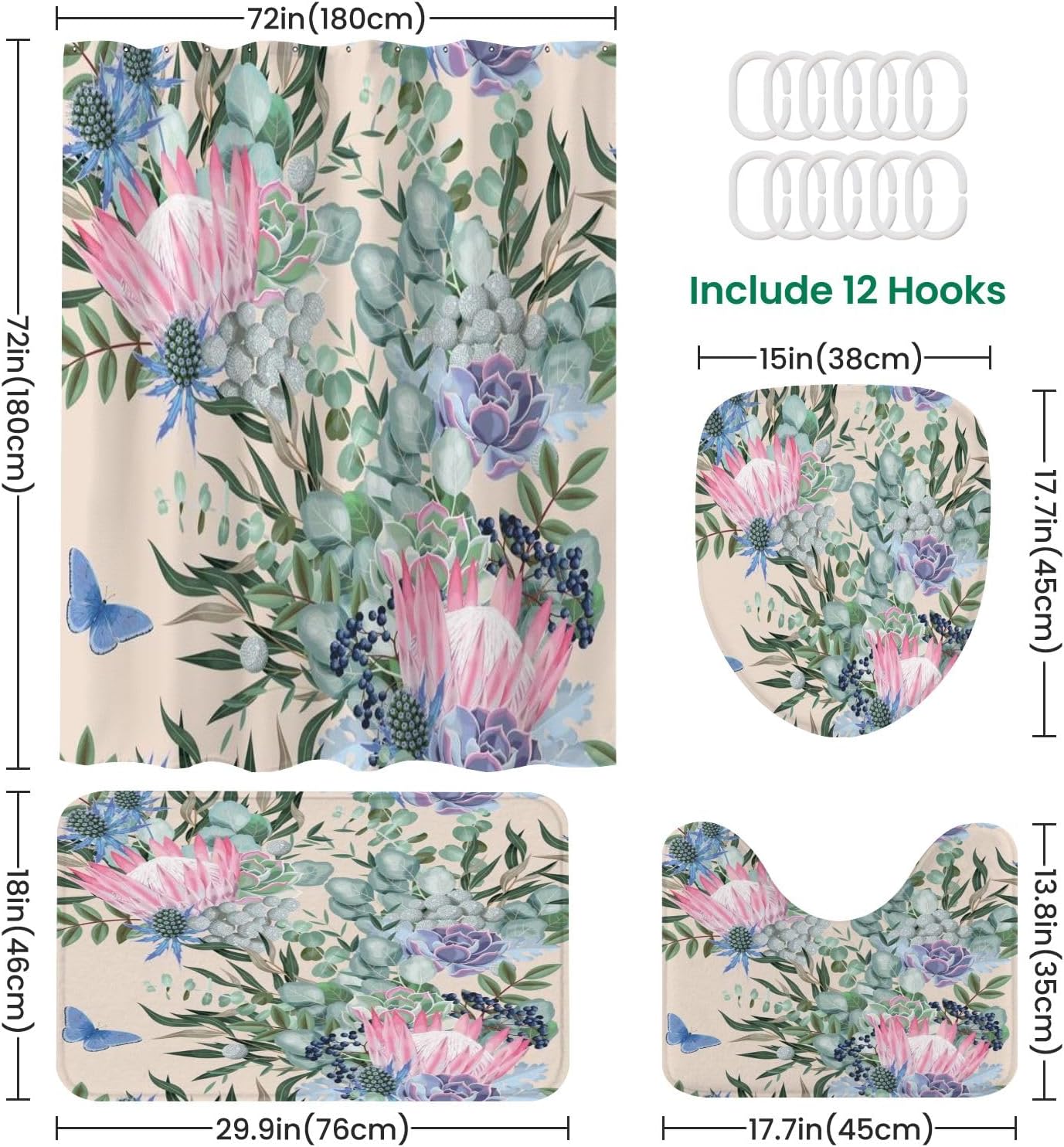 JCOOKLOFTS 4 Piece Shower Curtain Set with Rugs and Mat 1