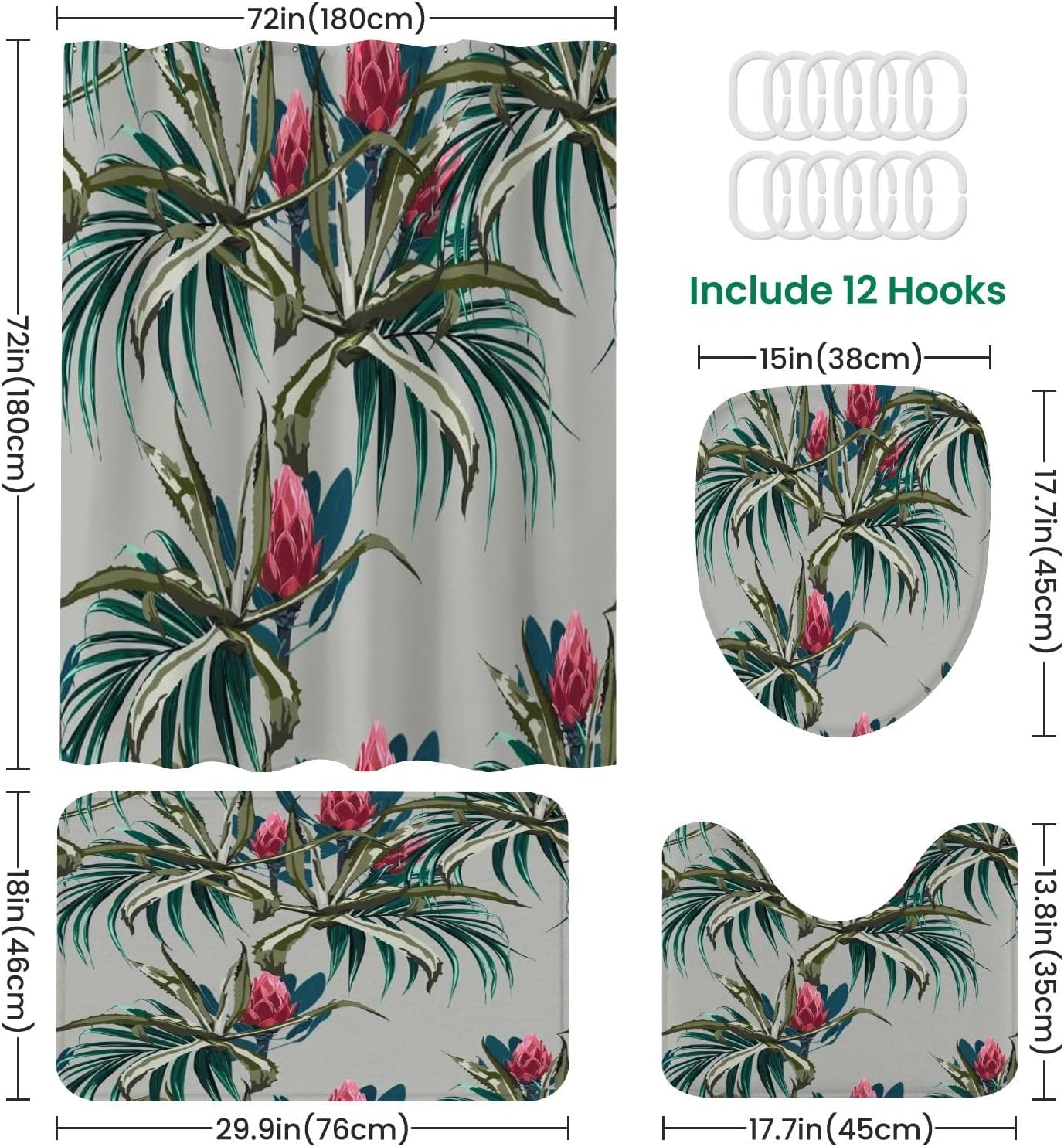JCOOKLOFTS 4-Piece Shower Curtain Set with Floral Pattern