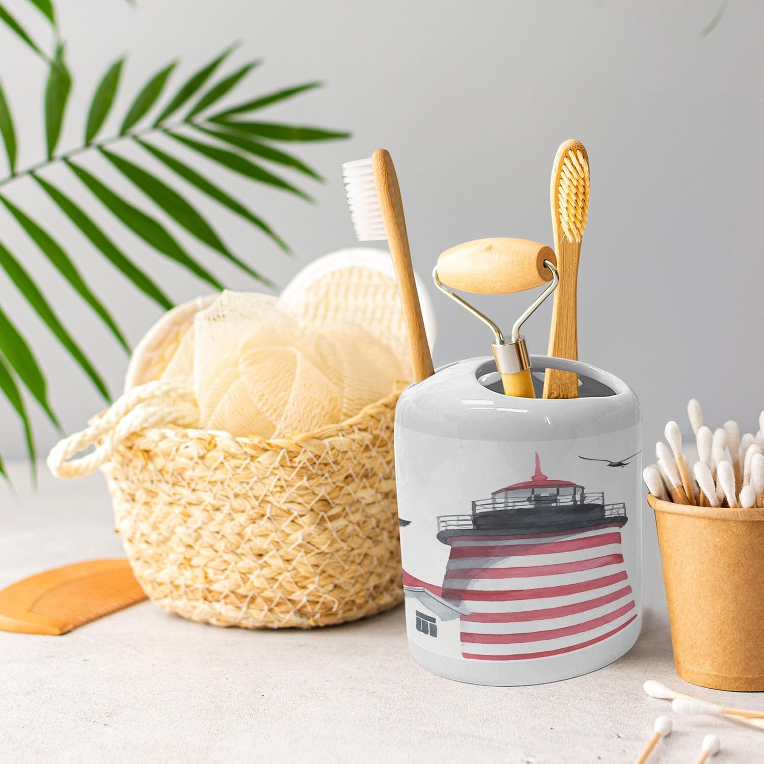 Ambesonne Lighthouse Soap Dispenser Toothbrush Holder Set 2 Pcs Red Grey White