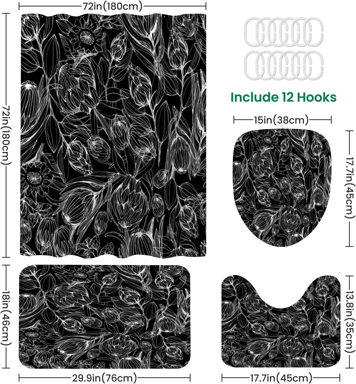 4 Piece JCOOKLOFTS Shower Curtain Set with Rugs and Mats 1