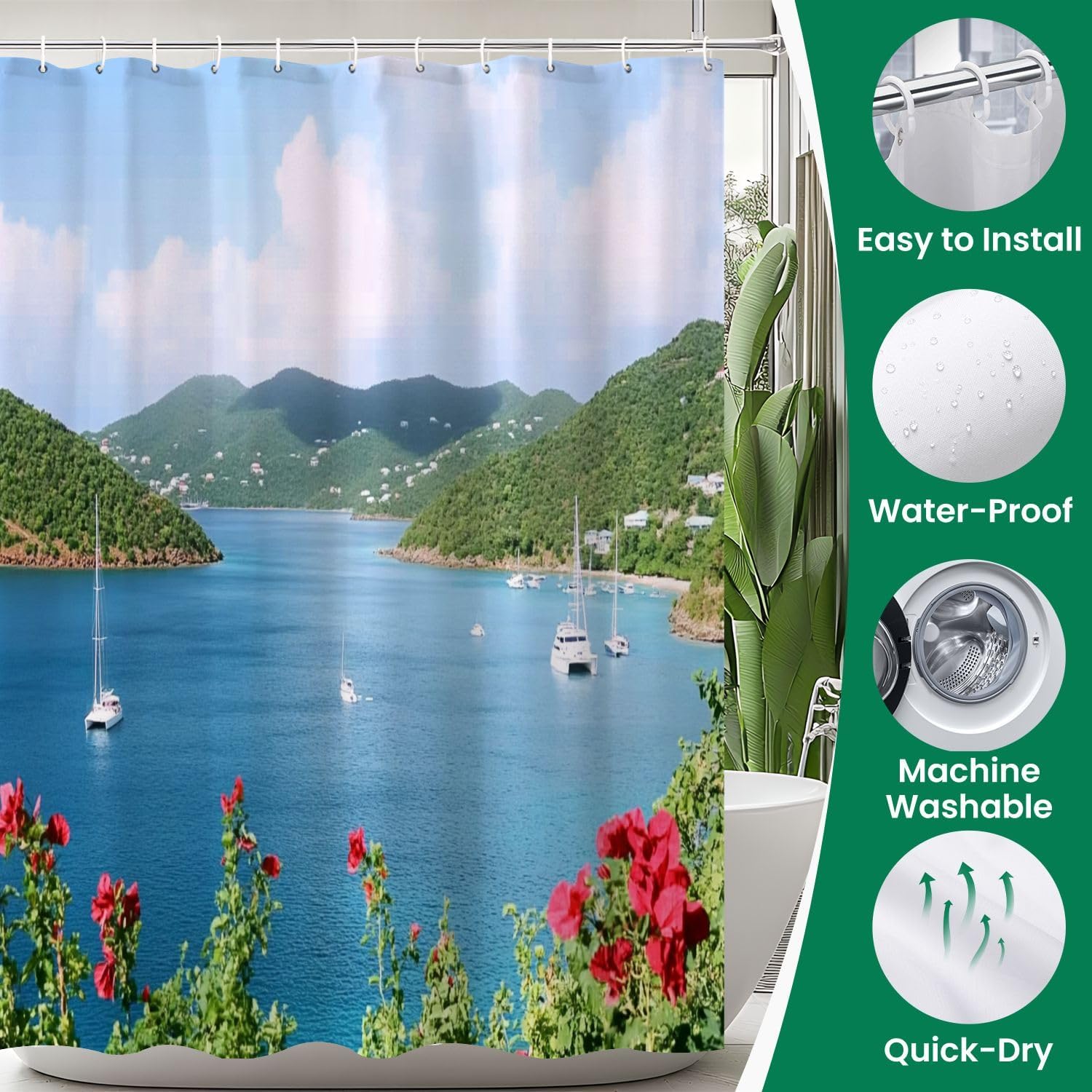 4 Piece Shower Curtain Set with Non-Slip Rugs and Mat