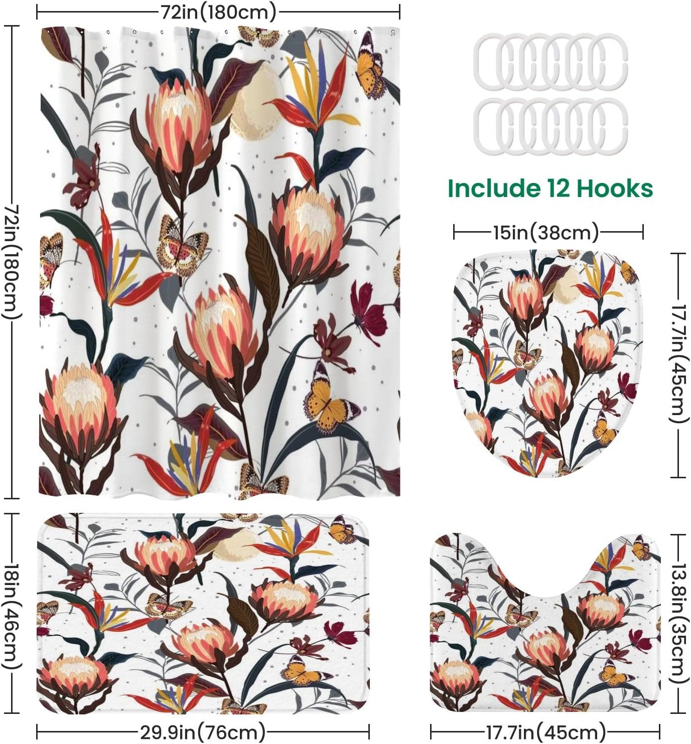 4-Piece Shower Curtain Set with Retro Pattern