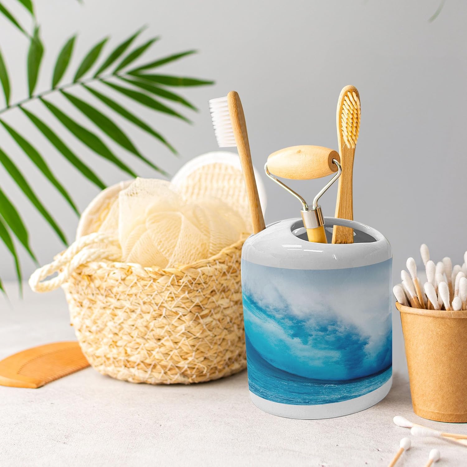 Ambesonne Ocean Soap Dispenser Toothbrush Holder Set 2 Pcs Aqua White