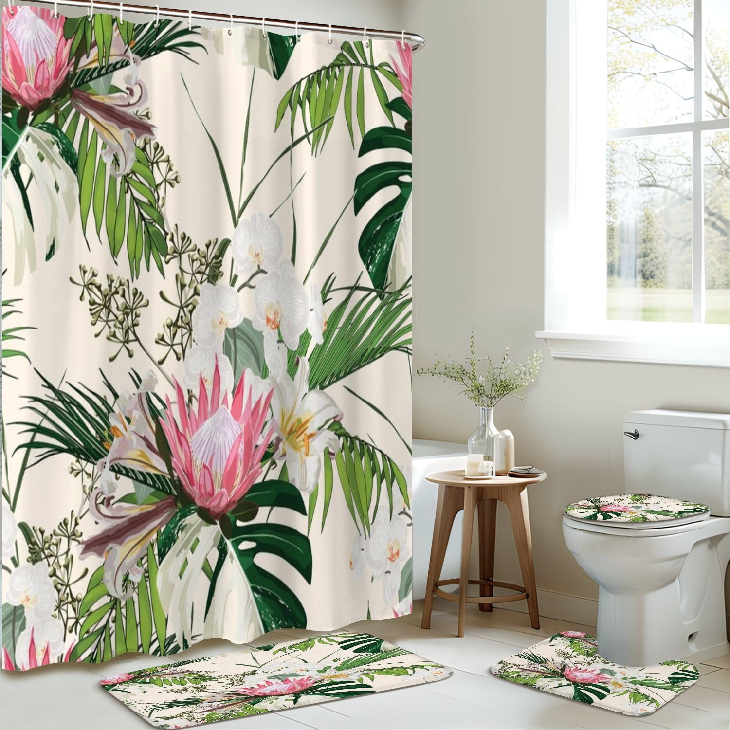 4 Piece Shower Curtain Set with Rugs and Toilet Lid Cover 1