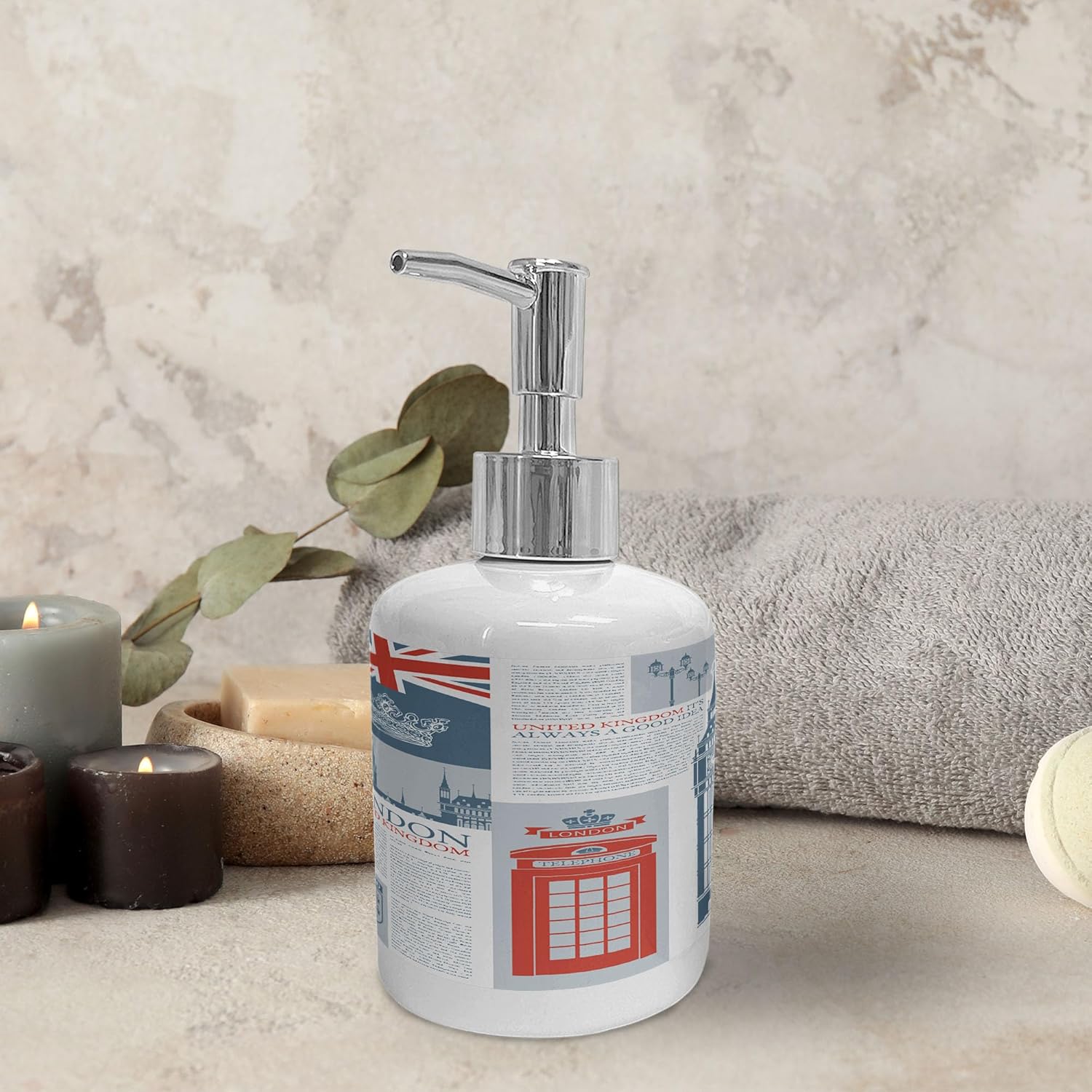 Ambesonne Phone Booth Soap Dispenser Toothbrush Holder Set London Themed Ceramic