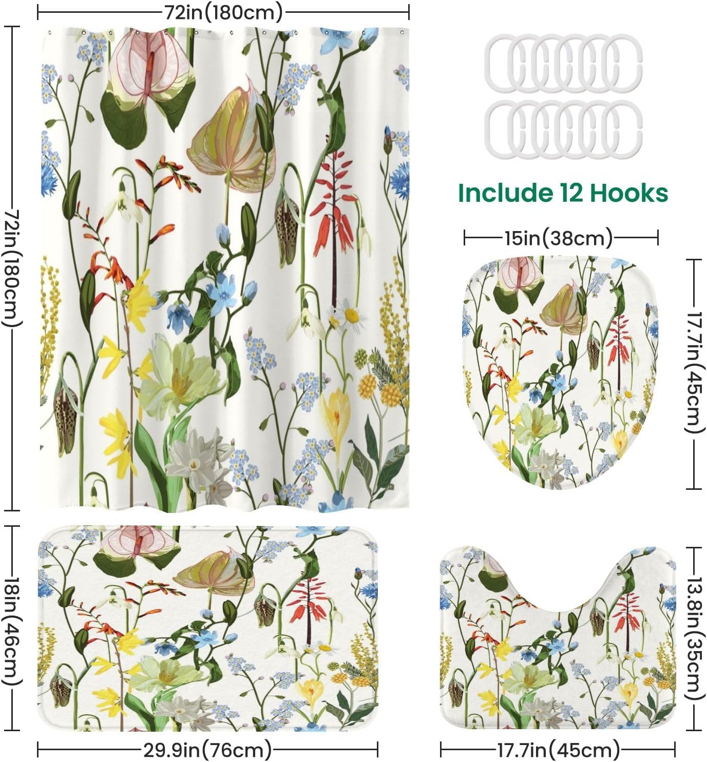 4 Piece Shower Curtain Set with Rugs Mats and Non-Slip Design 1