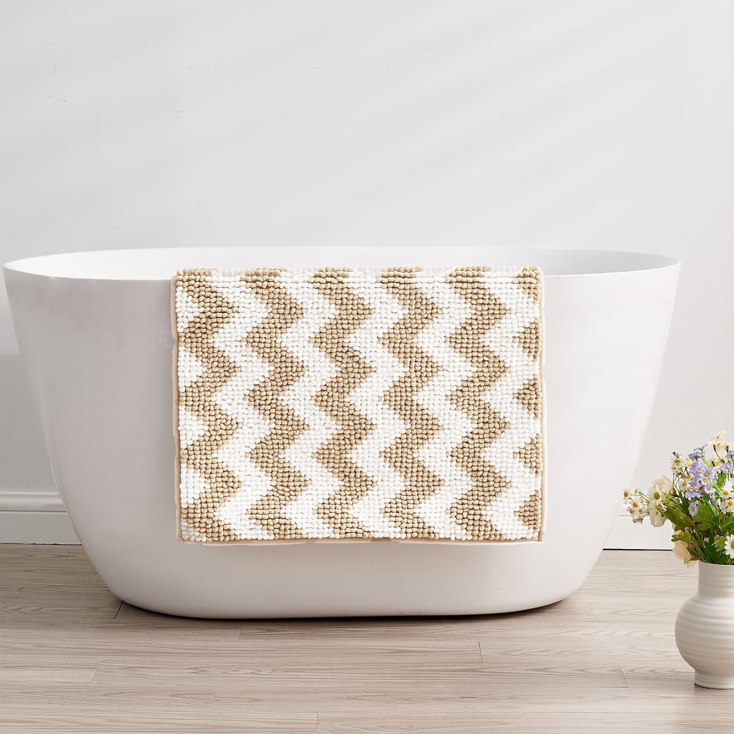 CozeCube Chenille Bath Rug 48x24 Plush Non-Slip Microfiber Chevron Mat - Beige