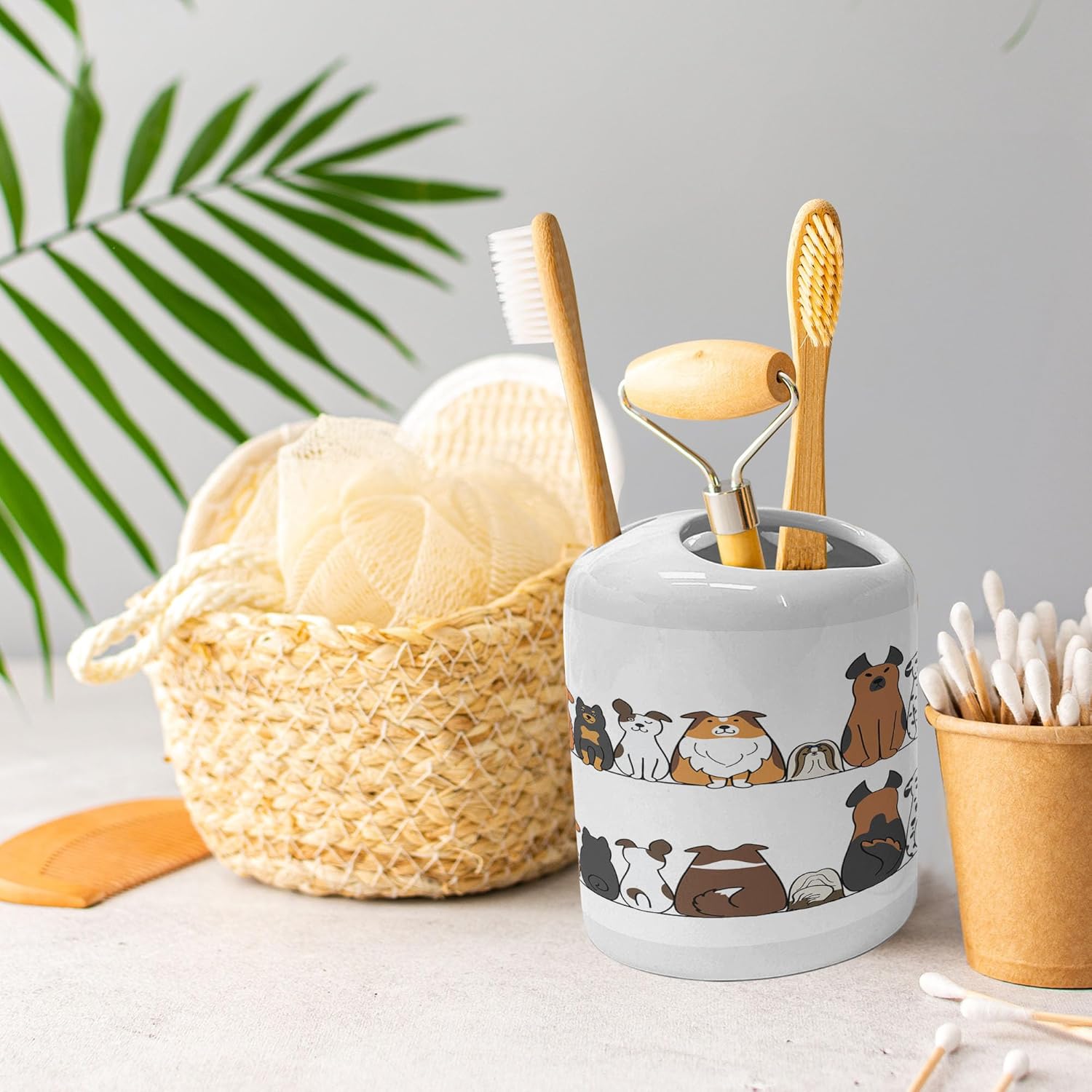Ambesonne Ceramic Soap Toothbrush Holder Set 2 Pcs Yellow Brown