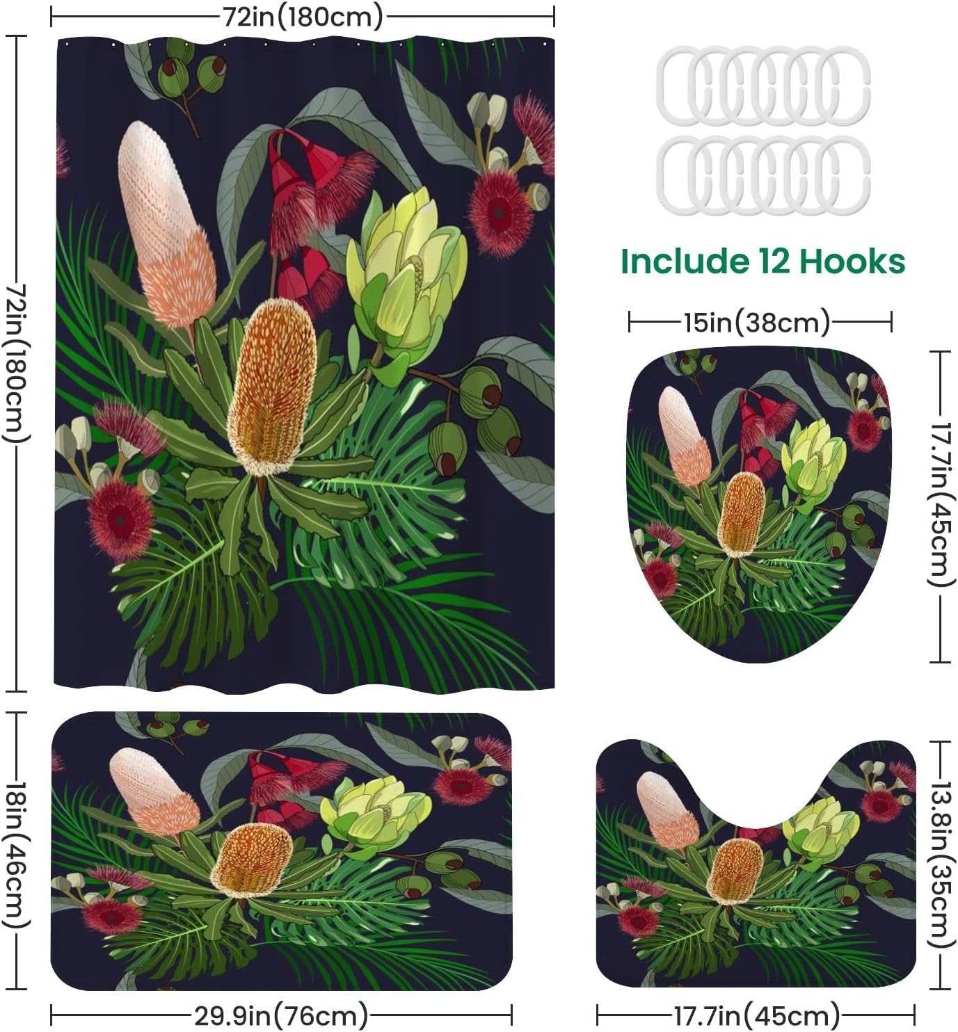 4 Pieces Shower Curtain Set with Rugs and Toilet Lid Cover