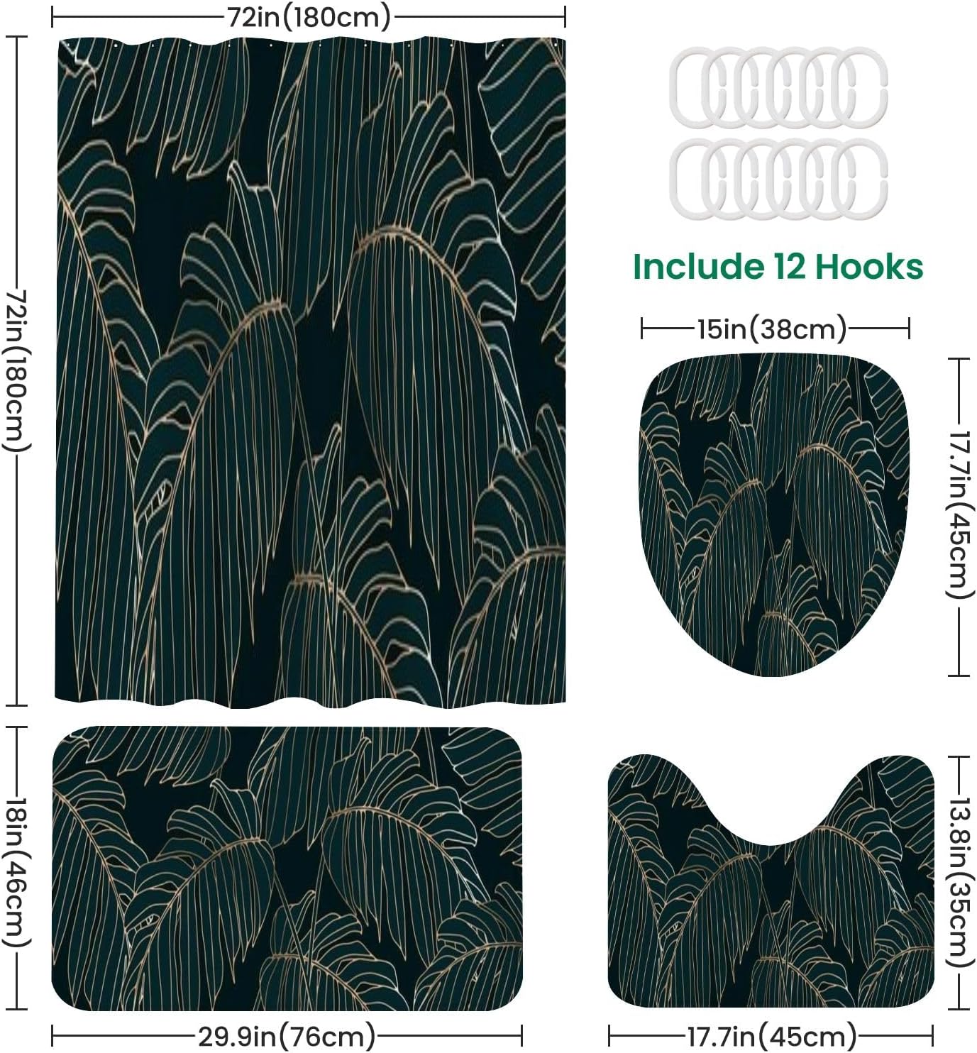 JCOOKLOFTS 4 Piece Shower Curtain Set with Rugs and Accessories