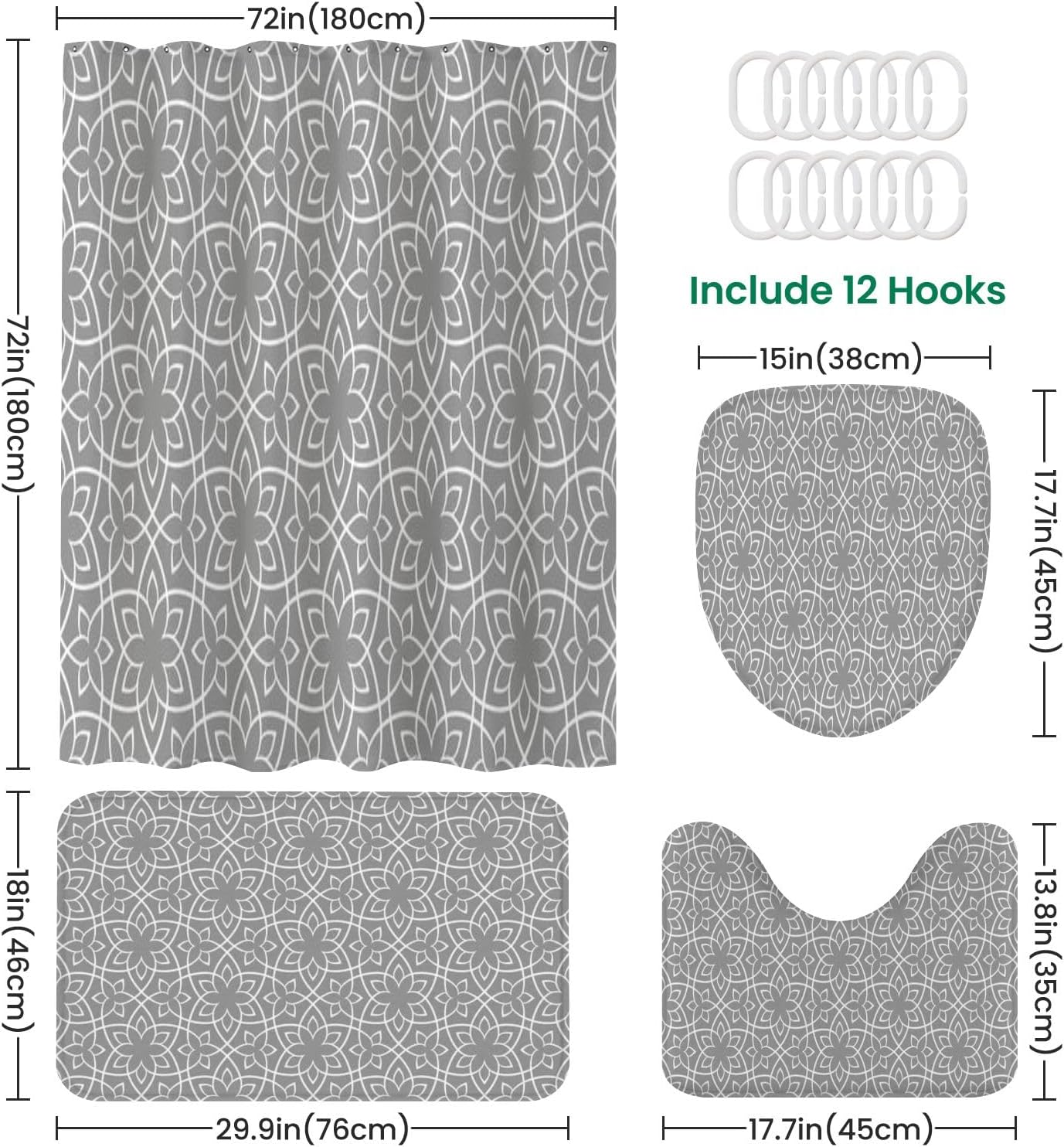 4 Piece JCOOKLOFTS Shower Set with Rugs Mats and Covers