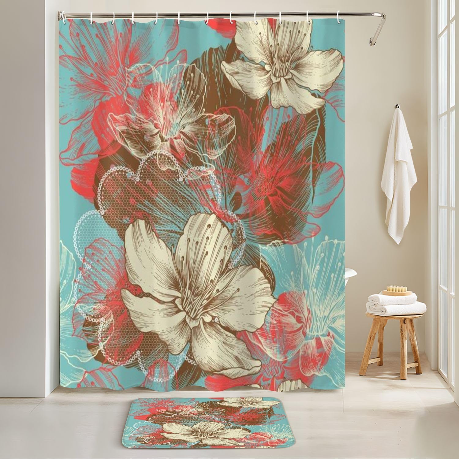 4 Pieces Shower Curtain Set with Non-Slip Rugs