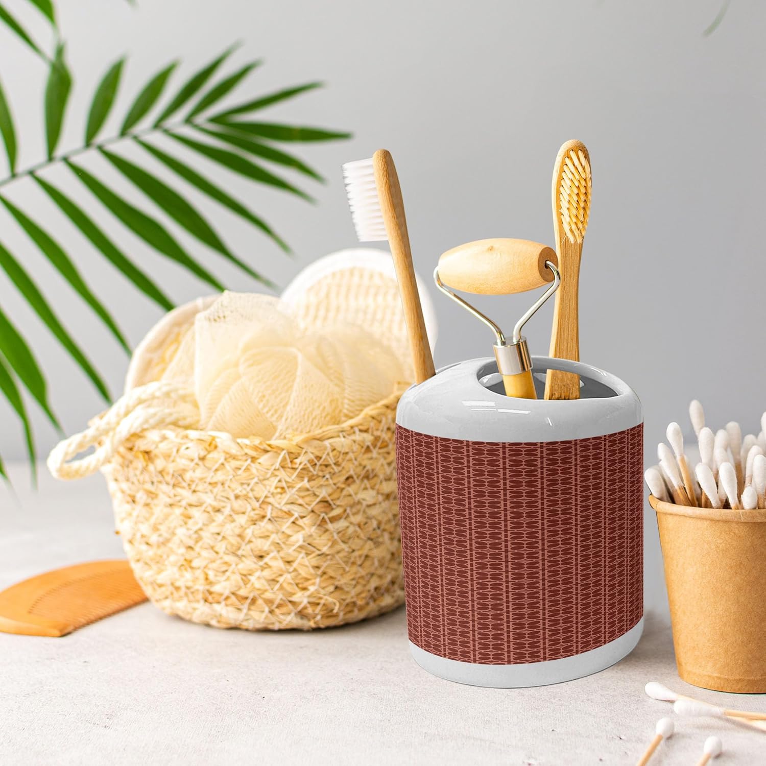 Ambesonne Geometric Soap Dispenser and Toothbrush Holder Set Dark Rust Redwood Ceramic